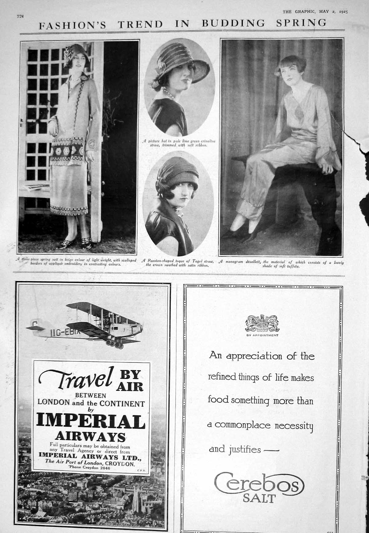Old 1925 Ladies Spring Fashion Hat Imperial Airways Cerebos Salt Pyre 20th