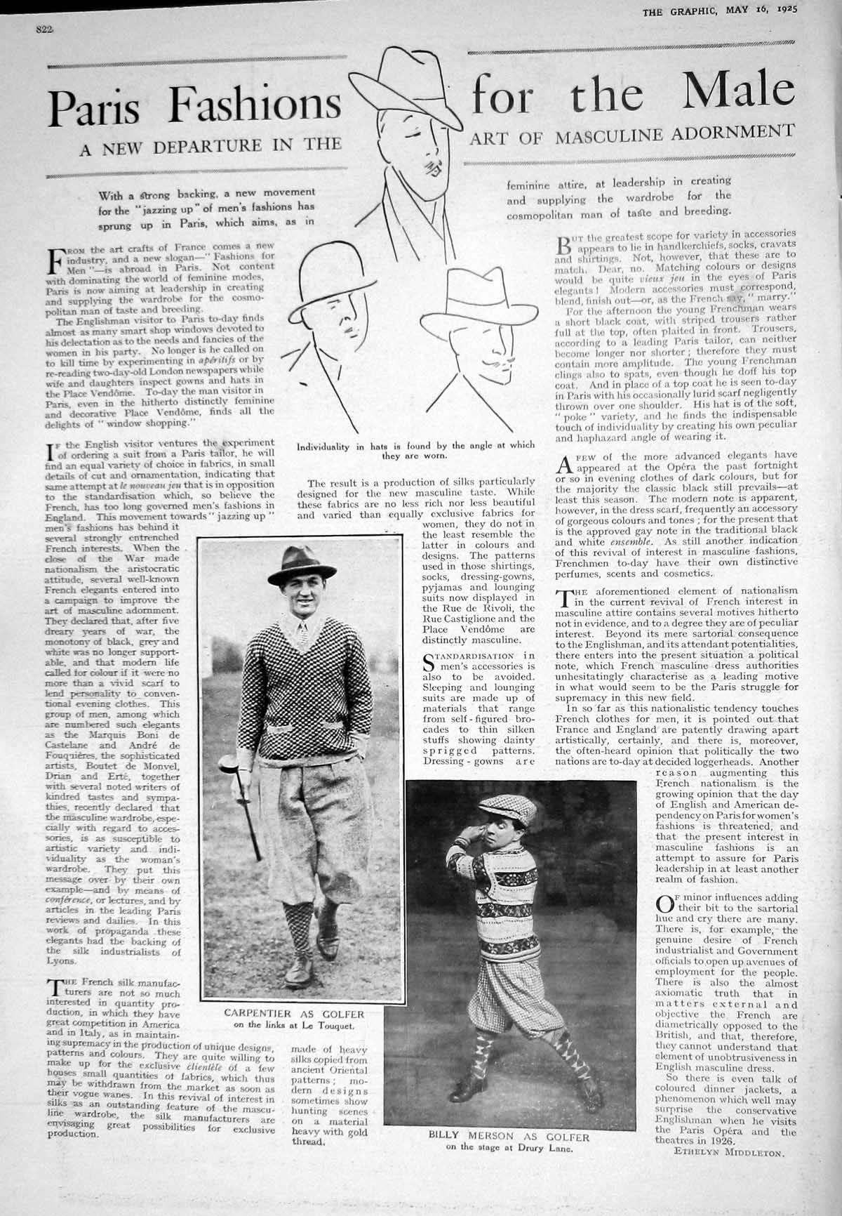 Old 1925 Paris Fashion Carpentier Golfer Touquet Billy Merson British 20th