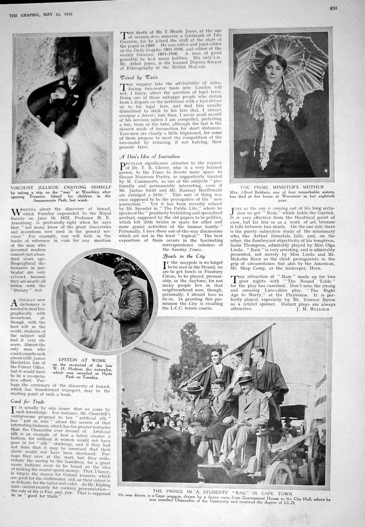 Old 1925 Viscount Jellicoe Alfred Baldwin Epstein Prince Wales Zoo Li 20th