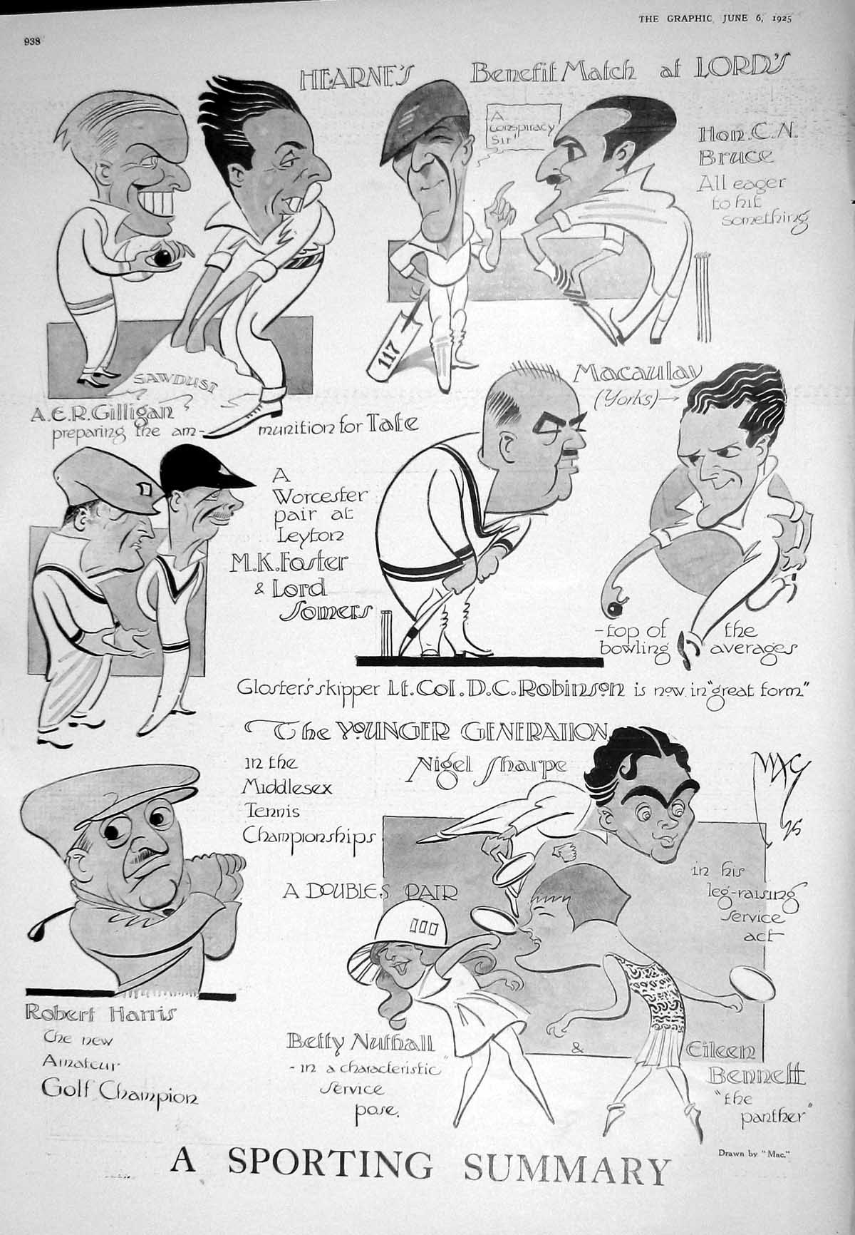 Old 1925 Sport Cricket Lords Tennis Nuthall Harris Hearne Hulton Harp 20th
