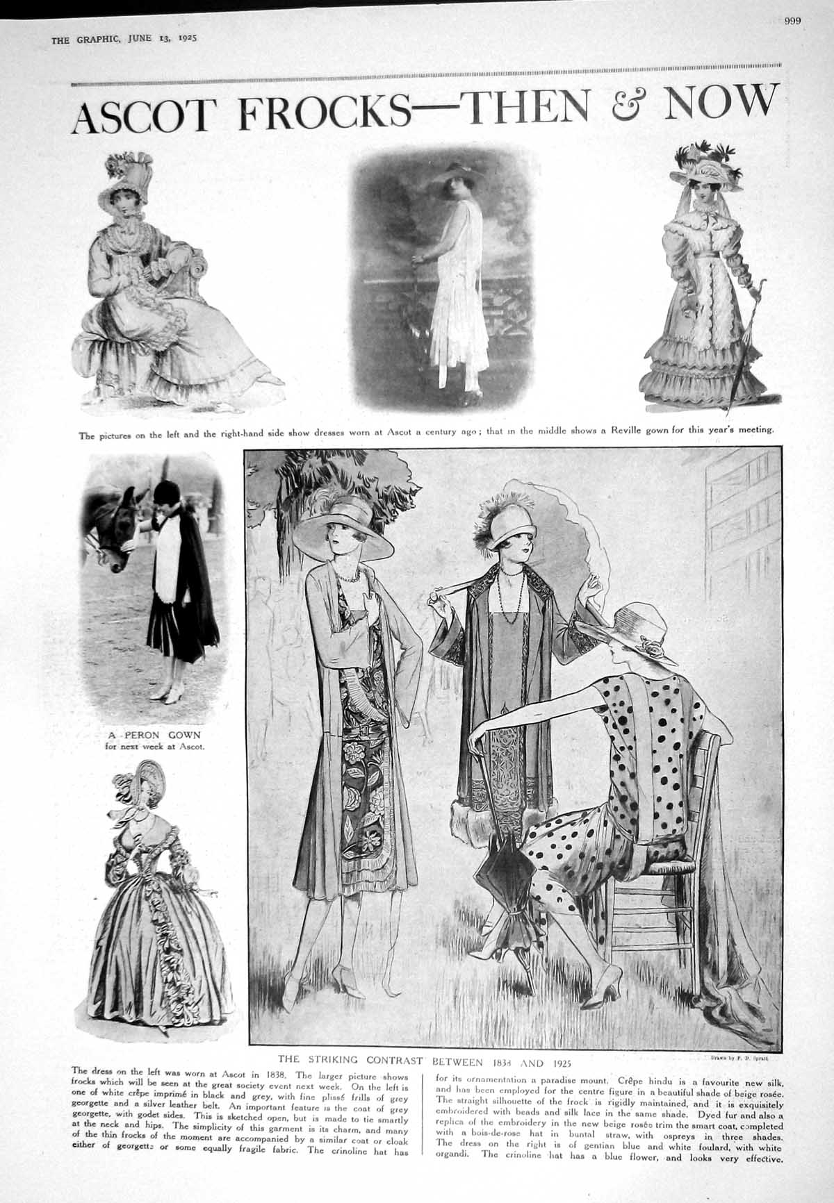 Old 1925 Ascot Frocks Ladies Fashion Hats Peron Gown Reville Horse Ra 20th