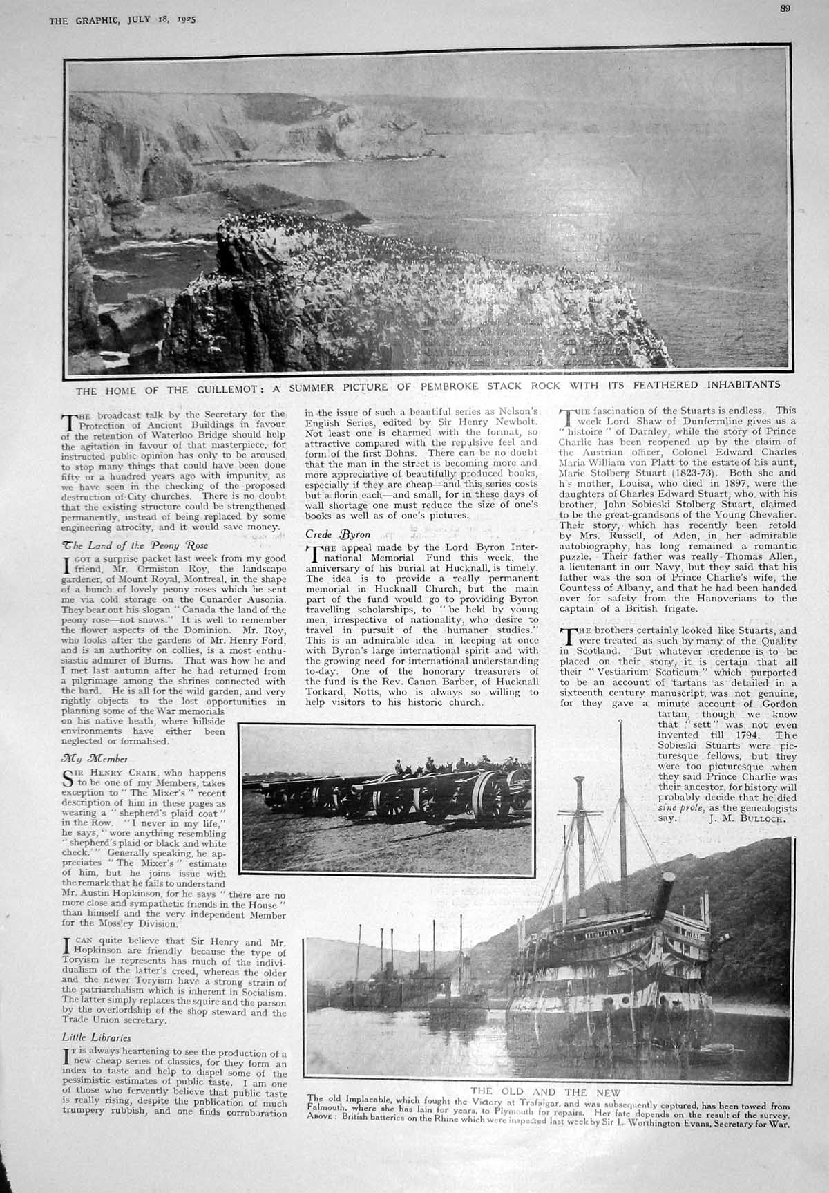 Old 1925 Pembroke Stack Rock Guillemot Birds Ship Implacable Trafalga 20th