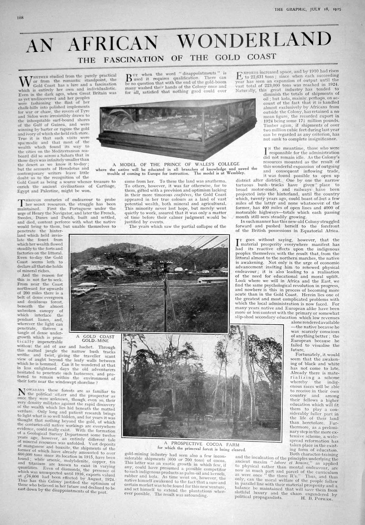 Antique Print 1925 Model Prince Wales College GMine Cocoa Farm Africa Dunlo