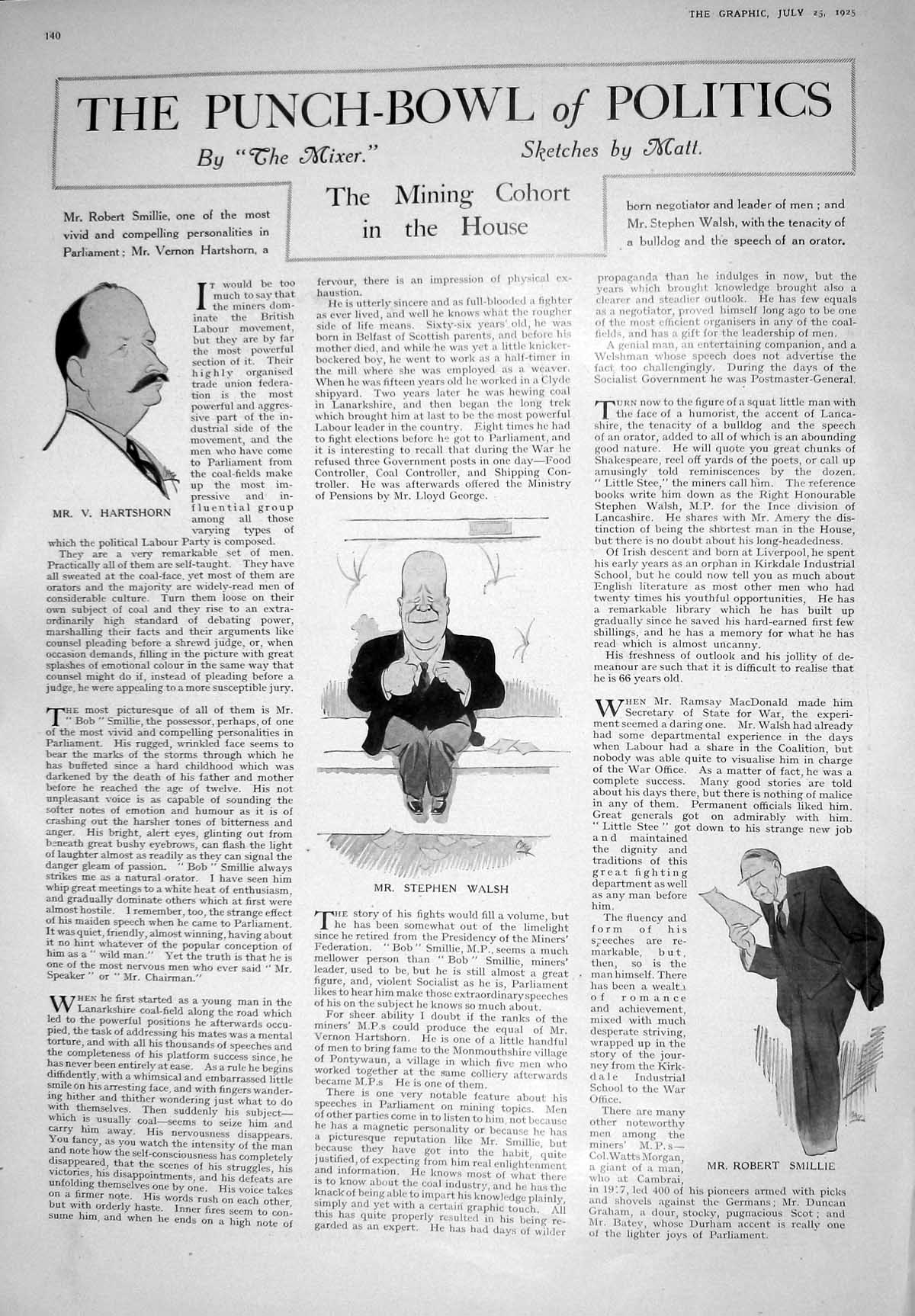 Old 1925 Politics Robert Smillies Stephen Walsh Hartshorn Parliament 20th