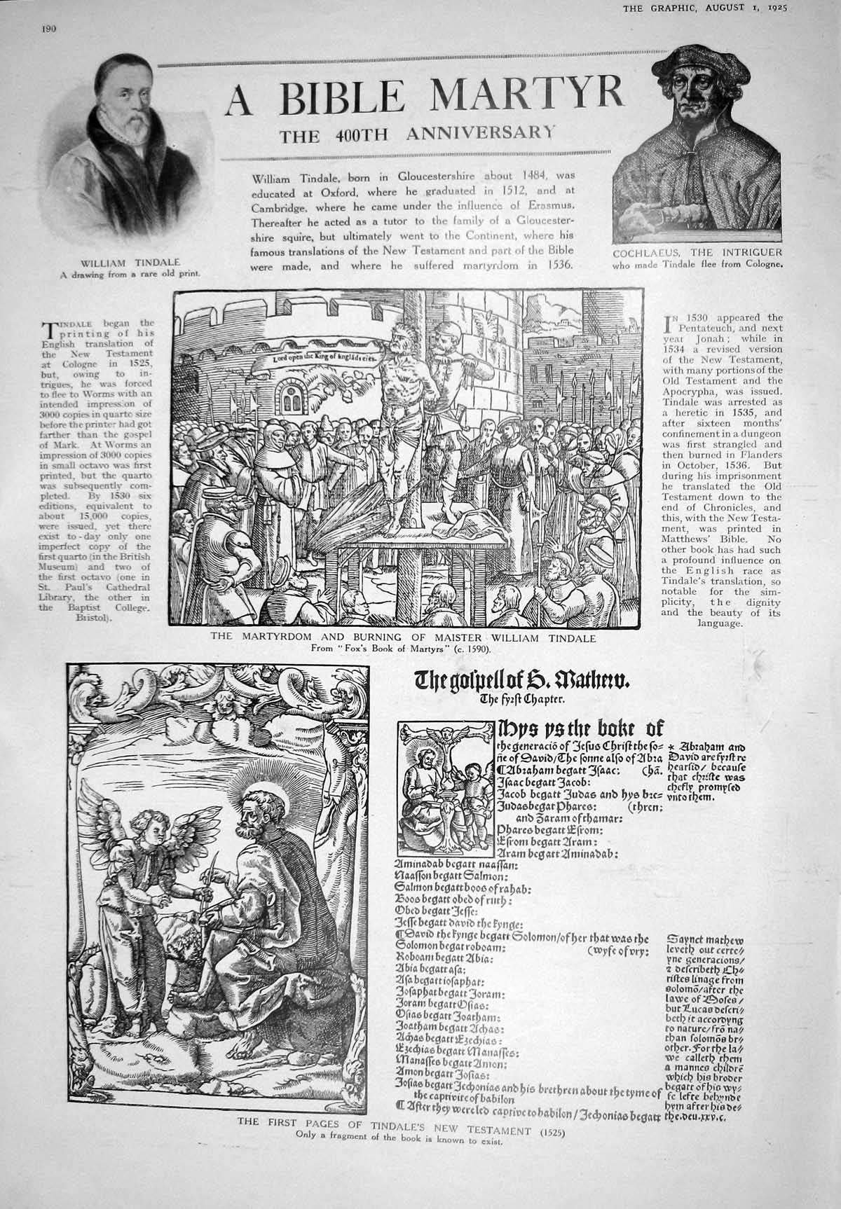Old 1925 William Tindale Cochlaeus Bible Martyr Seaside Family Childr 20th