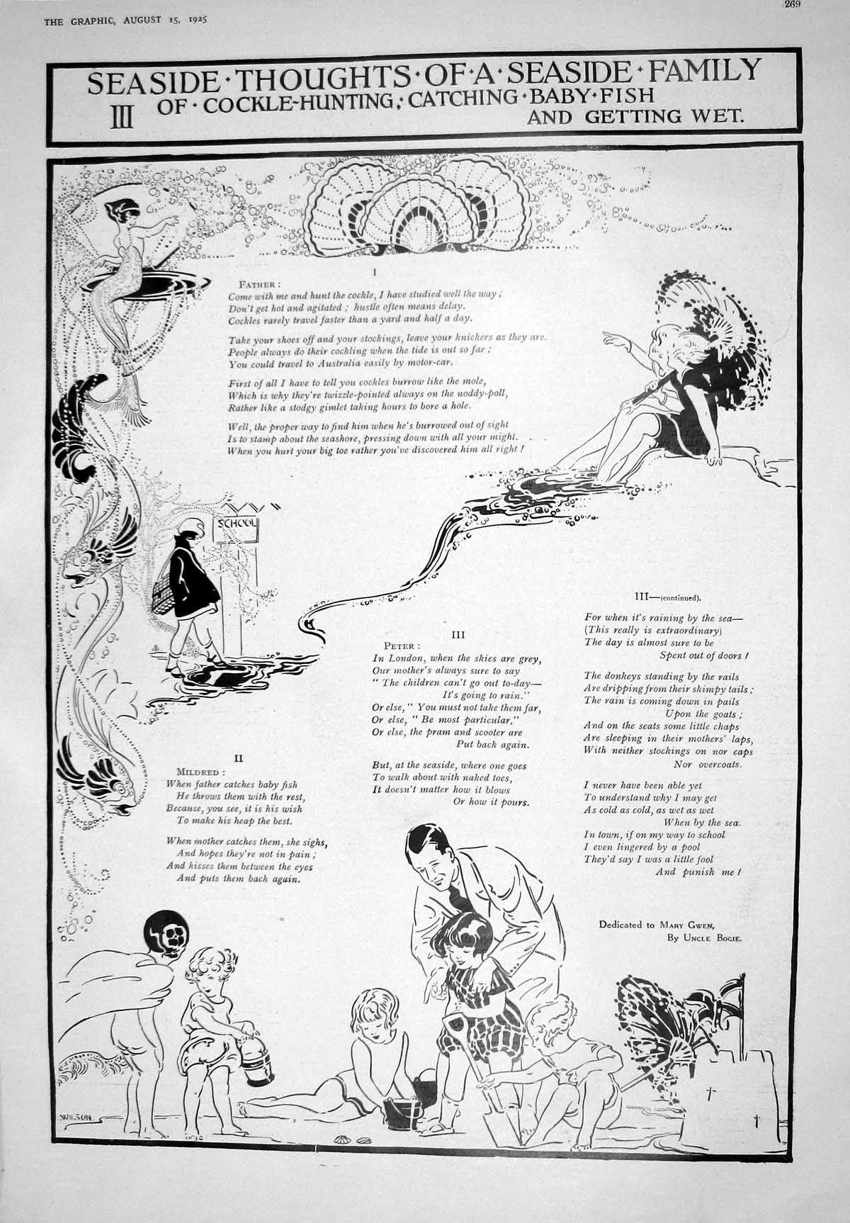Old 1925 Seaside Family Cockle Hunting Baby Fish Ladies Fashion Dreco 20th