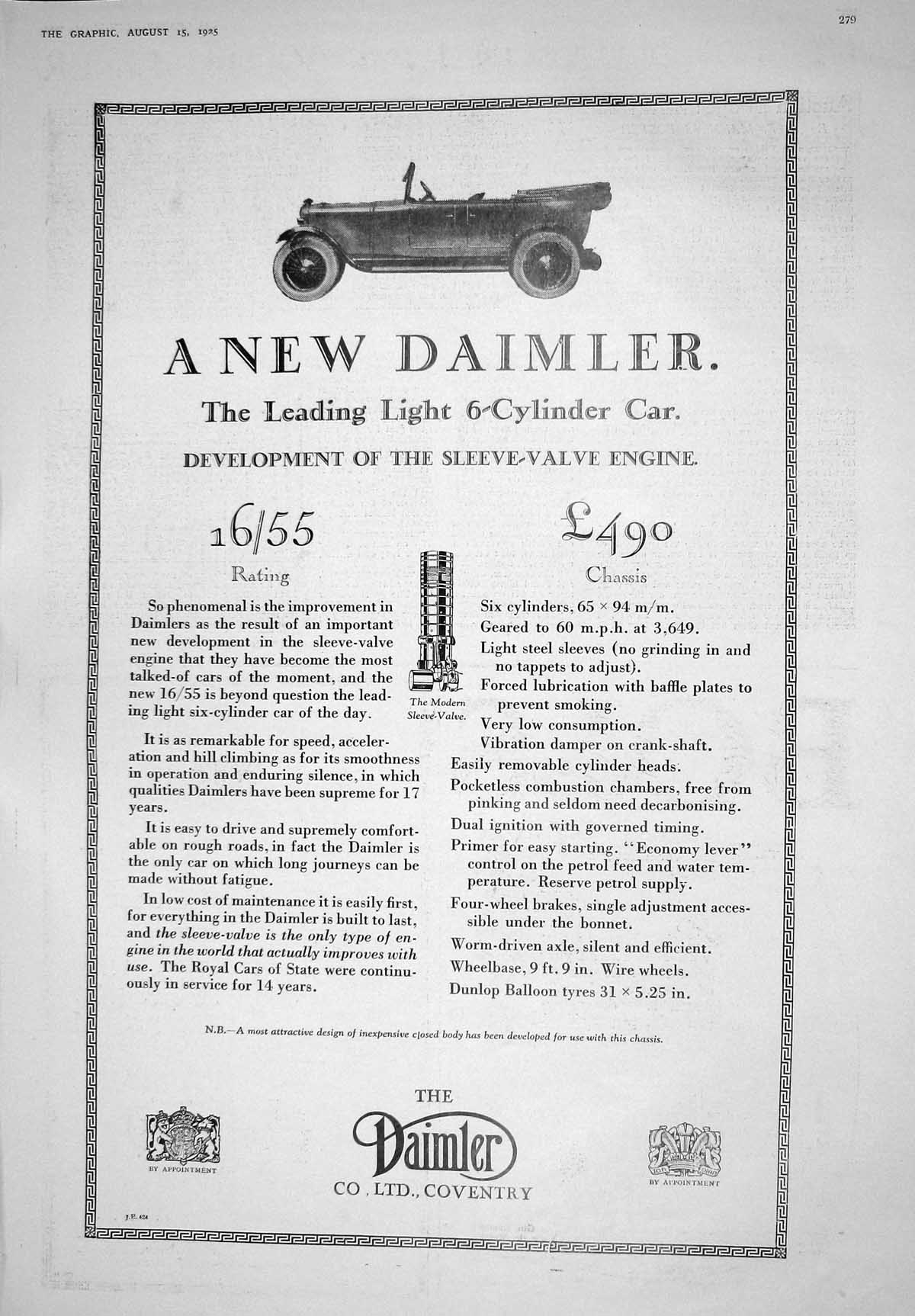 Old Vintage Print 1925 Advertisement Daimler Cylinder Motor Car Coventry 20th