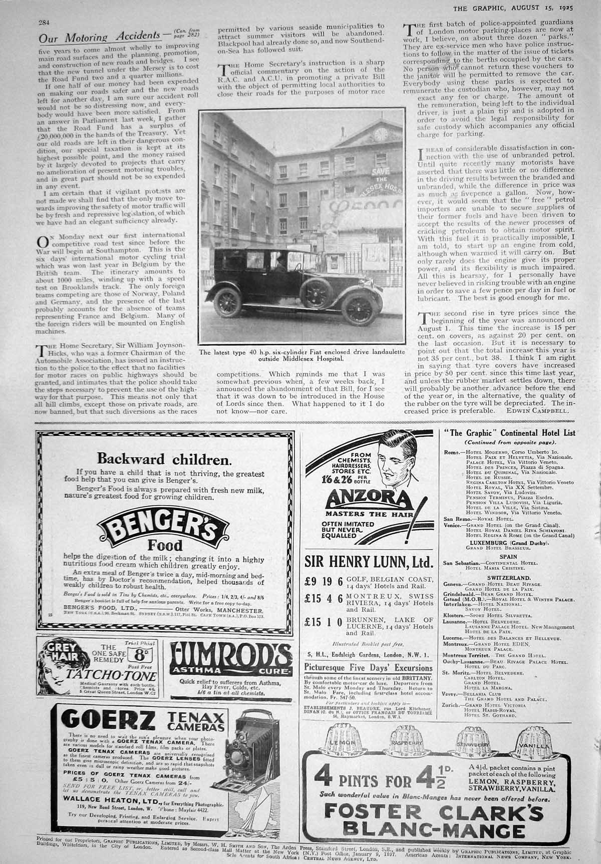 Old Print 1925 Fiat Motor Car Hospital Calvert Tooth Powder Vat 69 Lewis 20th