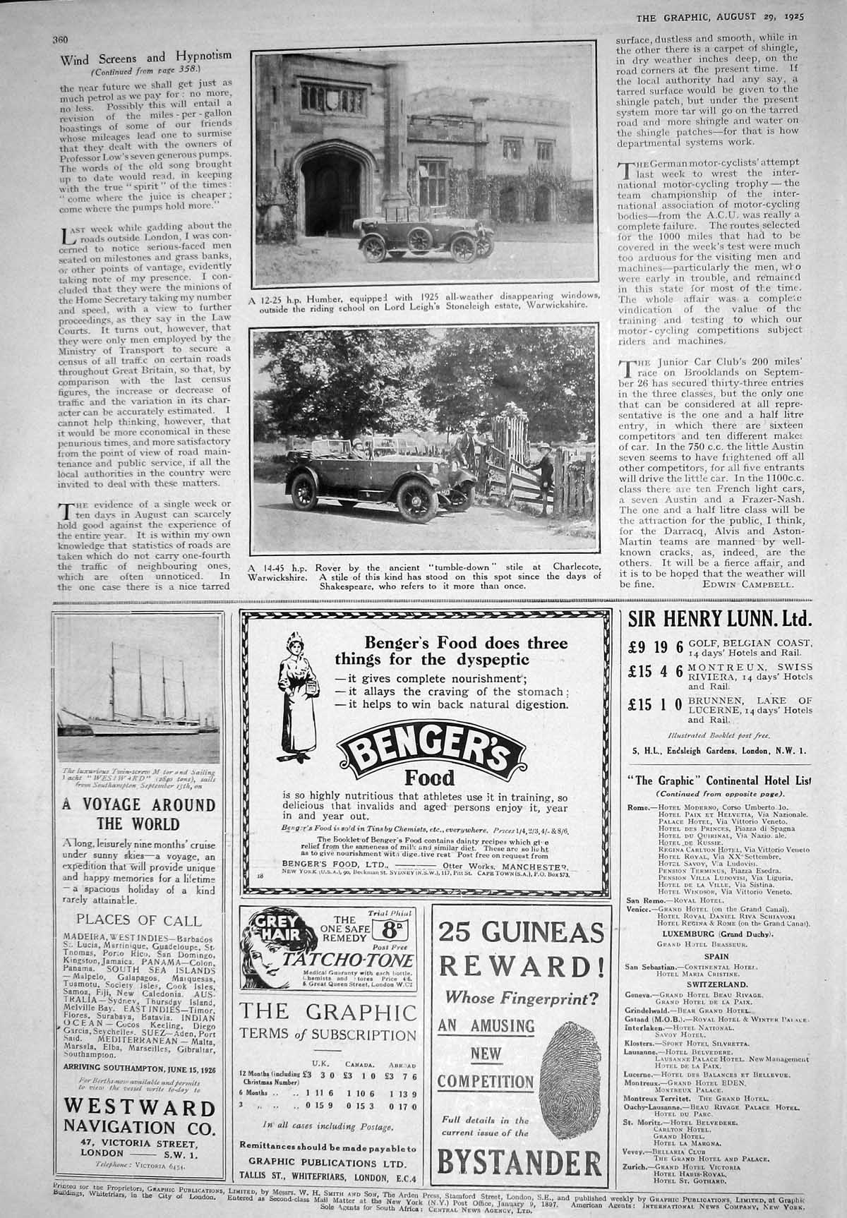 Antique Print 1925 Humber Motor Car Lord Leigh Rover Charlecote Pears Kemik
