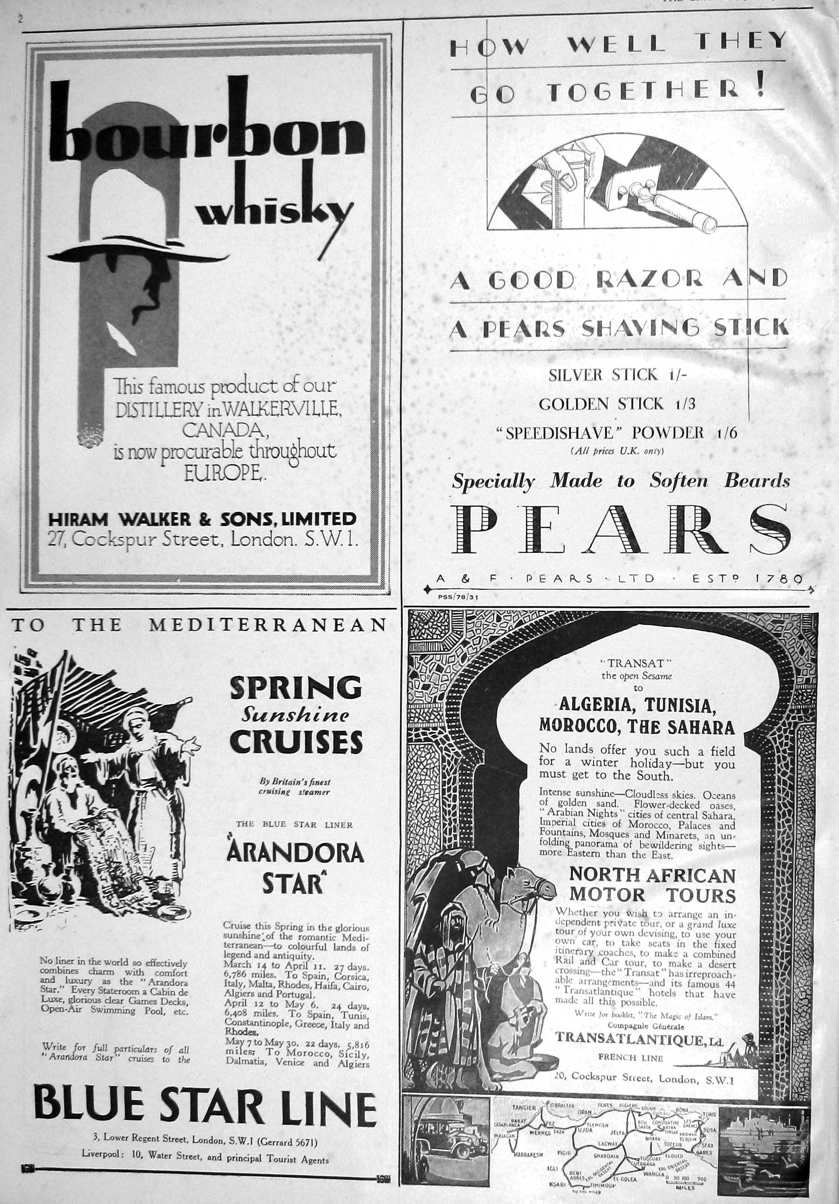 Old Print 1930 Bourbon Whisky Pears Blue Star Line Cruises Grant'S Whisky 20th