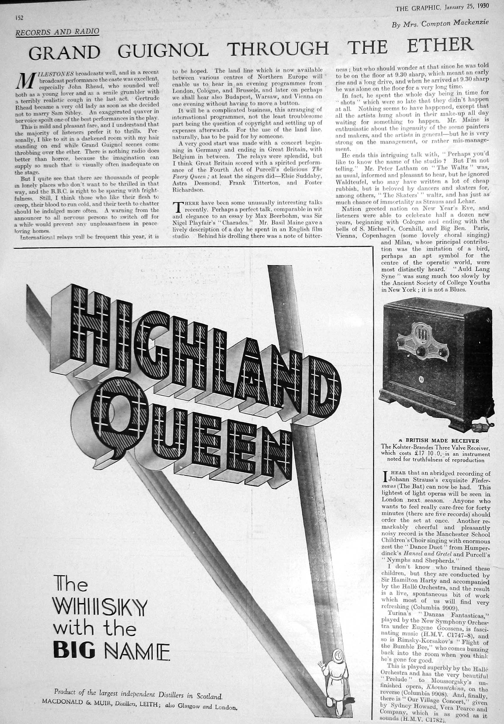 Antique Print 1930 Kolster-Brandes Receiver Highland Queen Whisky Fiat Moss