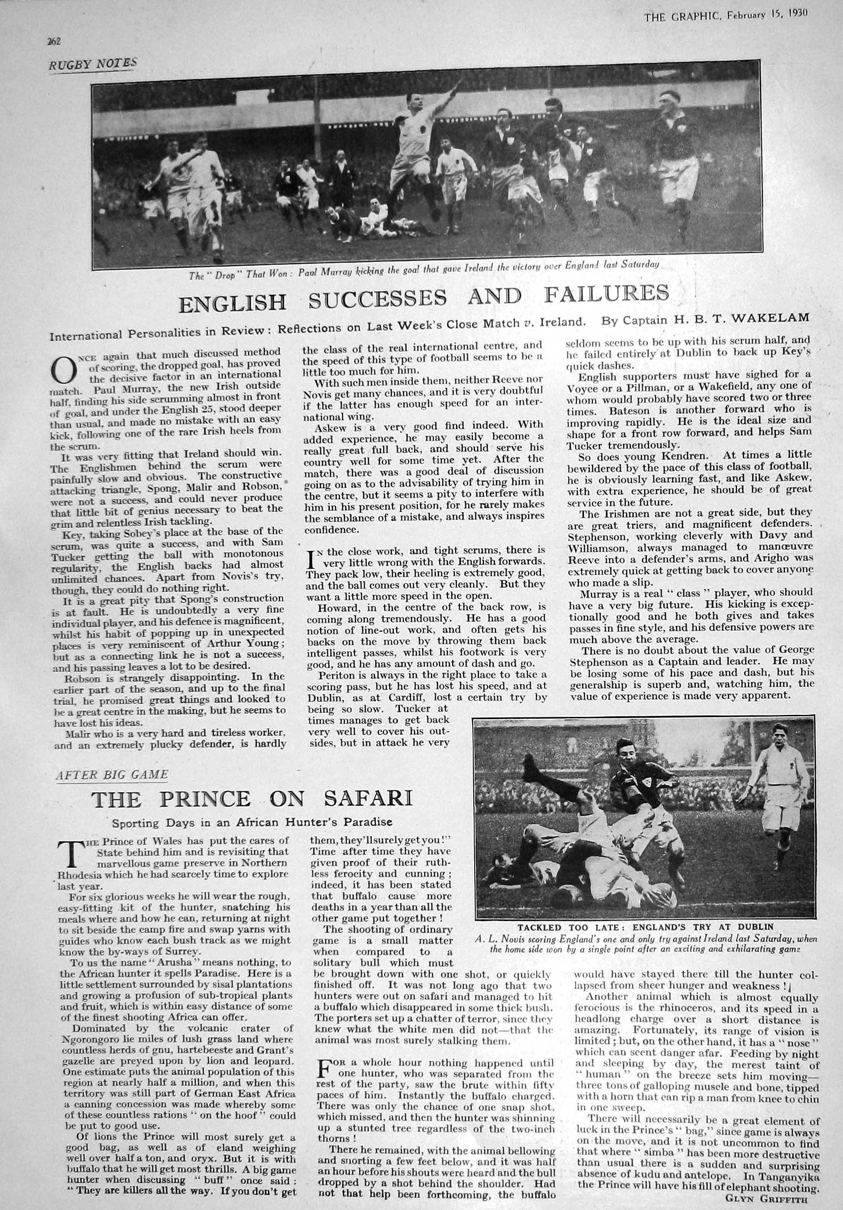 Antique Old Print 1930 England Ireland Rugby Football Paul Murray Novis Sport