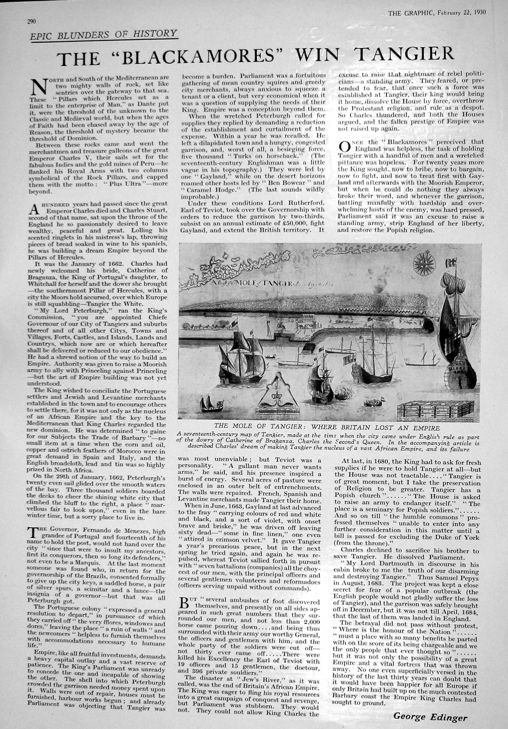 Old 1930 Mole Tangier Ships Ma Catherine Braganza Caricature Macdonal 20th