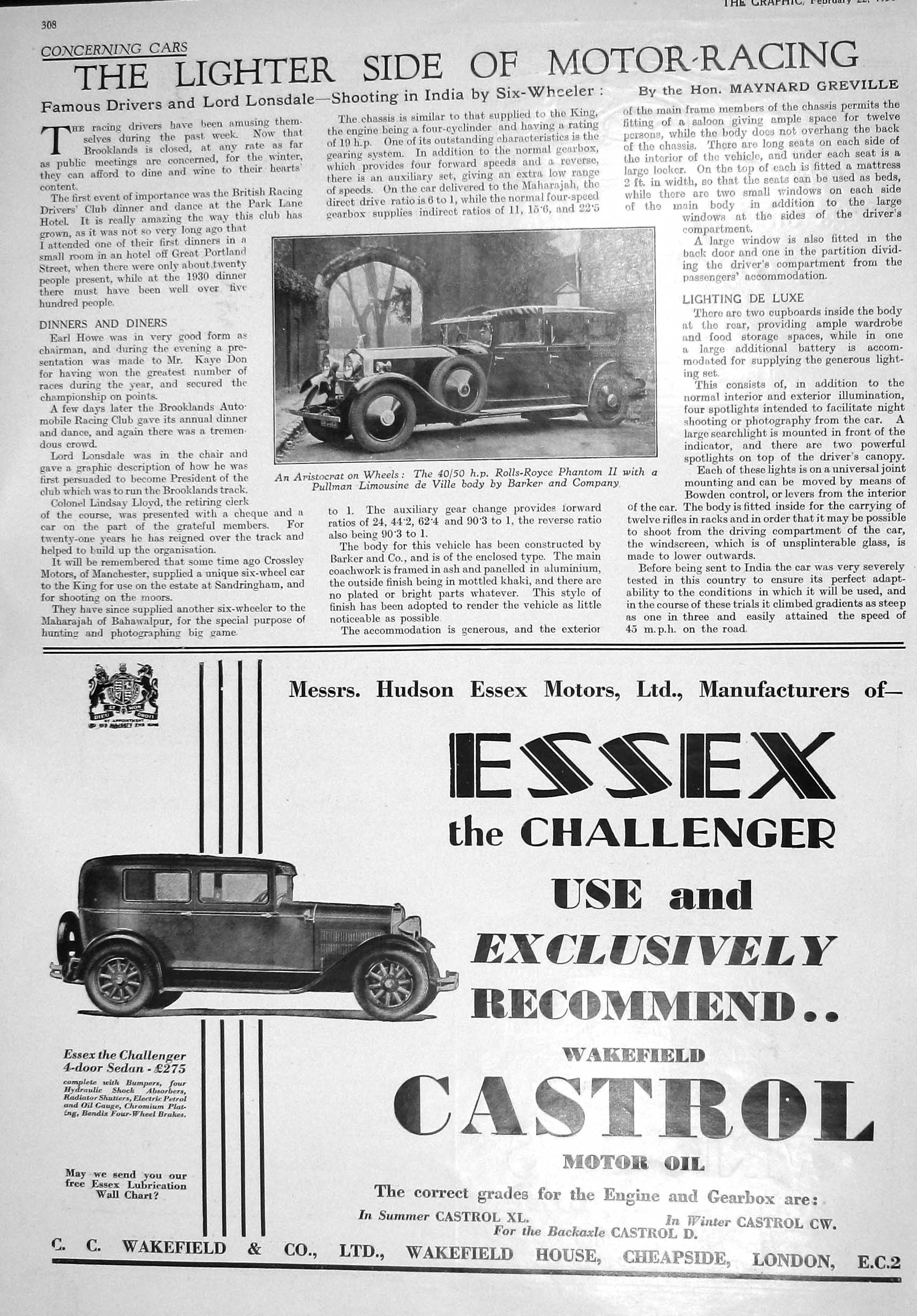 Old Print 1930 Rolls Royce Phantom Motor Car Wakefield Castrol Oil Hovis 20th
