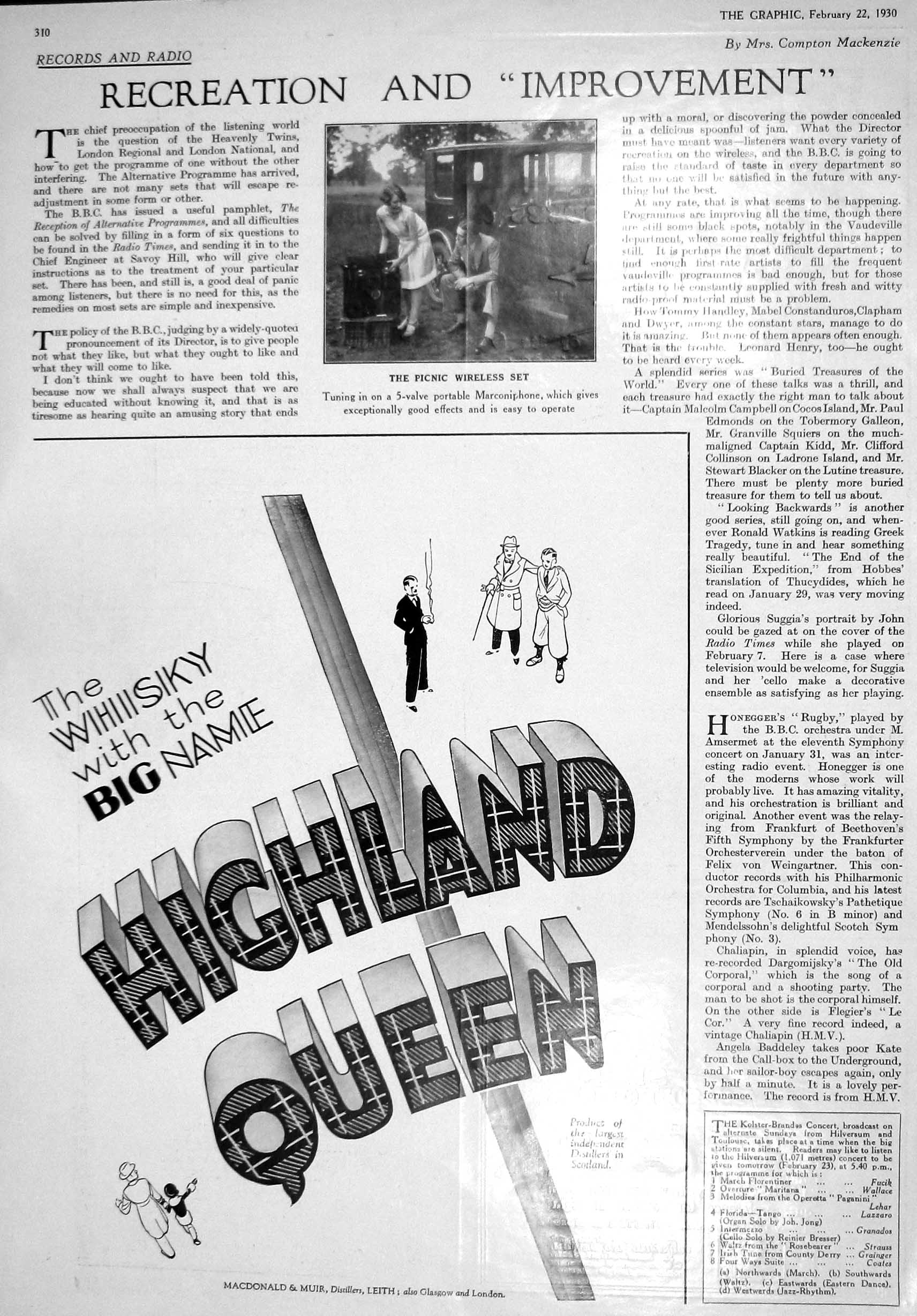 Old Print 1930 Wireless Portable Marconiphone Highland Queen Whisky Cars 20th