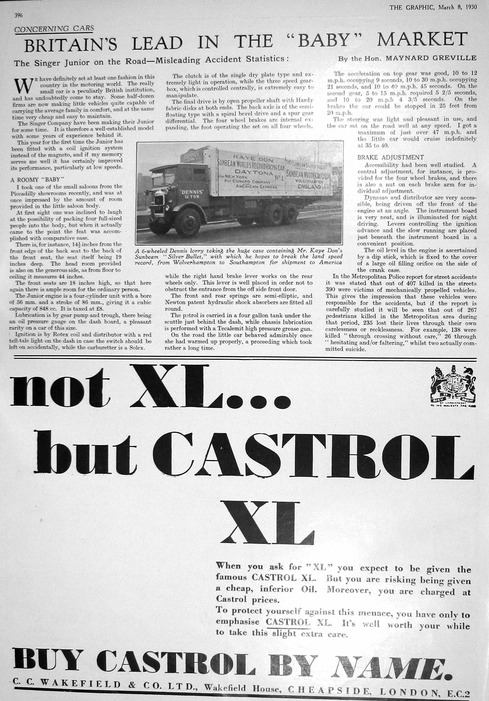Antique Print 1930 Dennis Lorry Kaye Don Sunbeam Castrol Hovis Bols Geneva 20th