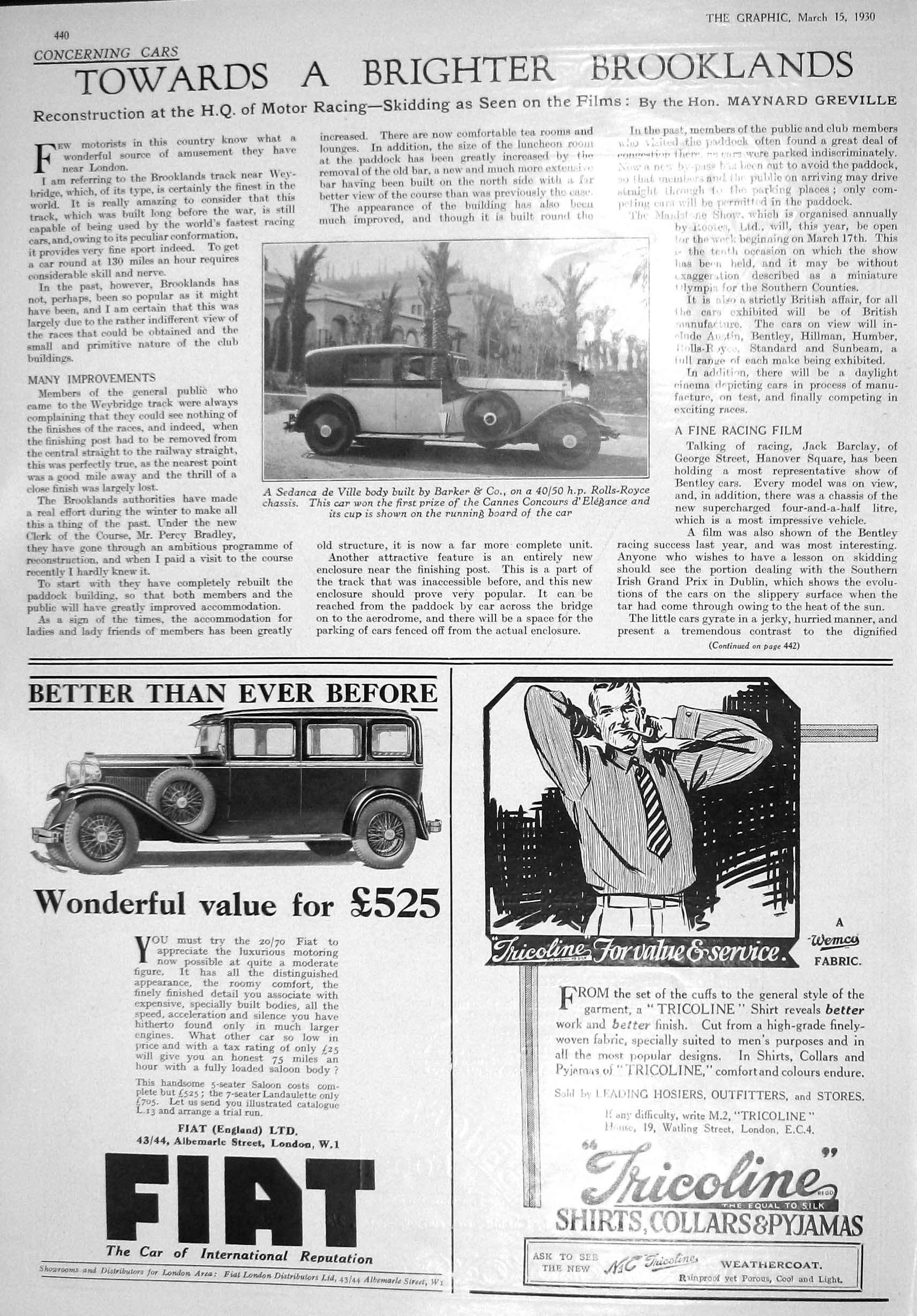 Old Print 1930 Fiat Motor Car Barker Rolls-Royce Tricoline Benger'S Food 20th