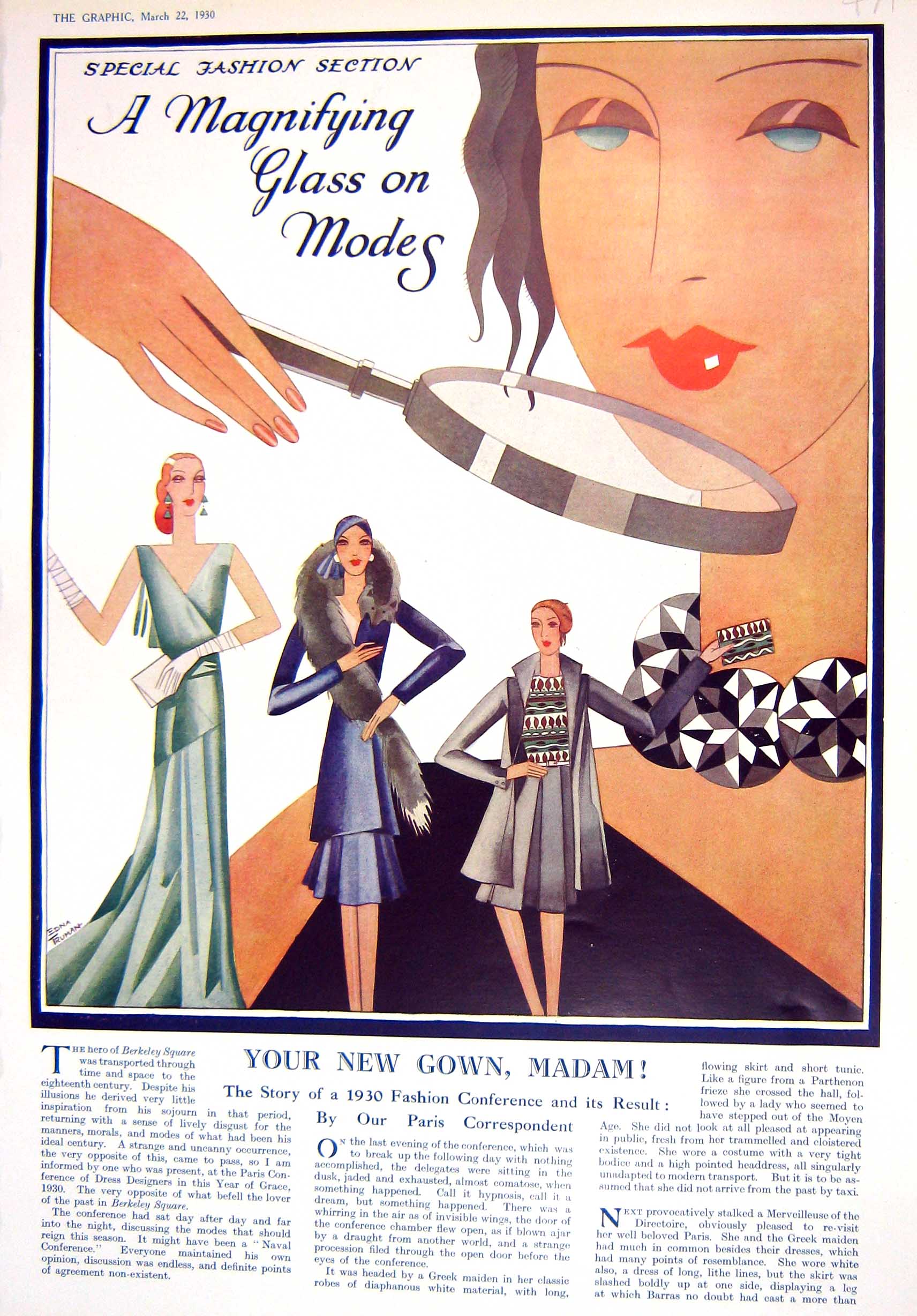 Old 1930 Ladies Fashion Magnifying Glass Models Spring Coat Frock Aft 20th