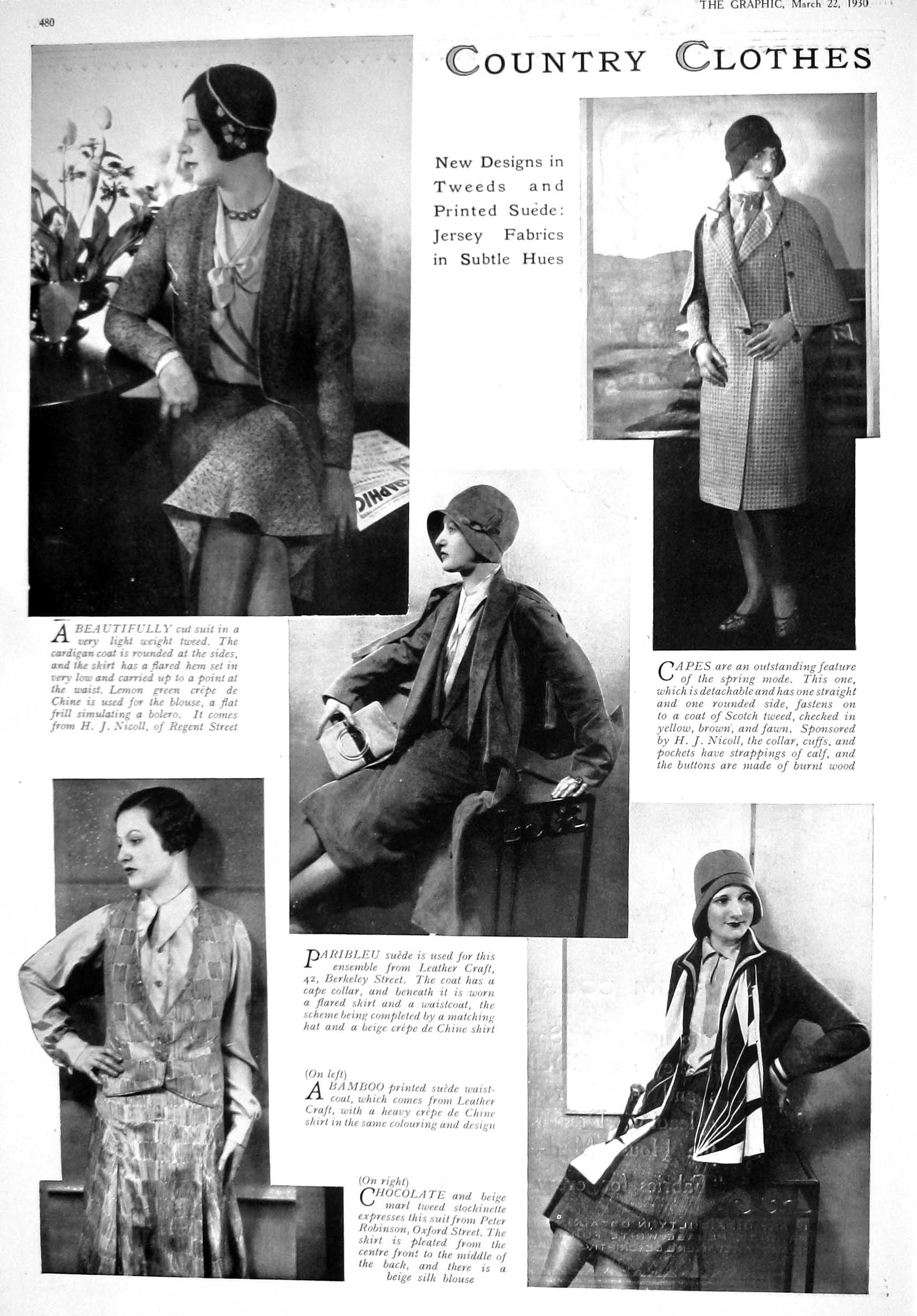 Antique Print 1930 Country Fashion Tweed Capes Paribleu Courtaulds Fabrics 20th