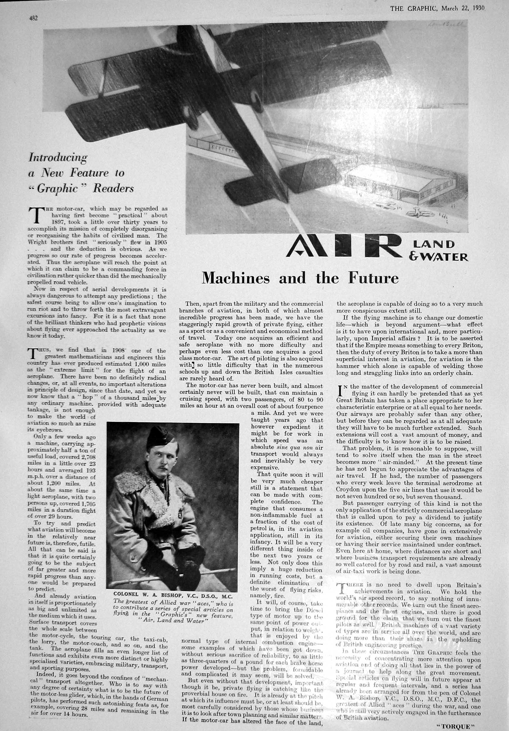 Antique Old Print 1930 Colonel Bishop War Aeroplane Austin Standard Motor Car