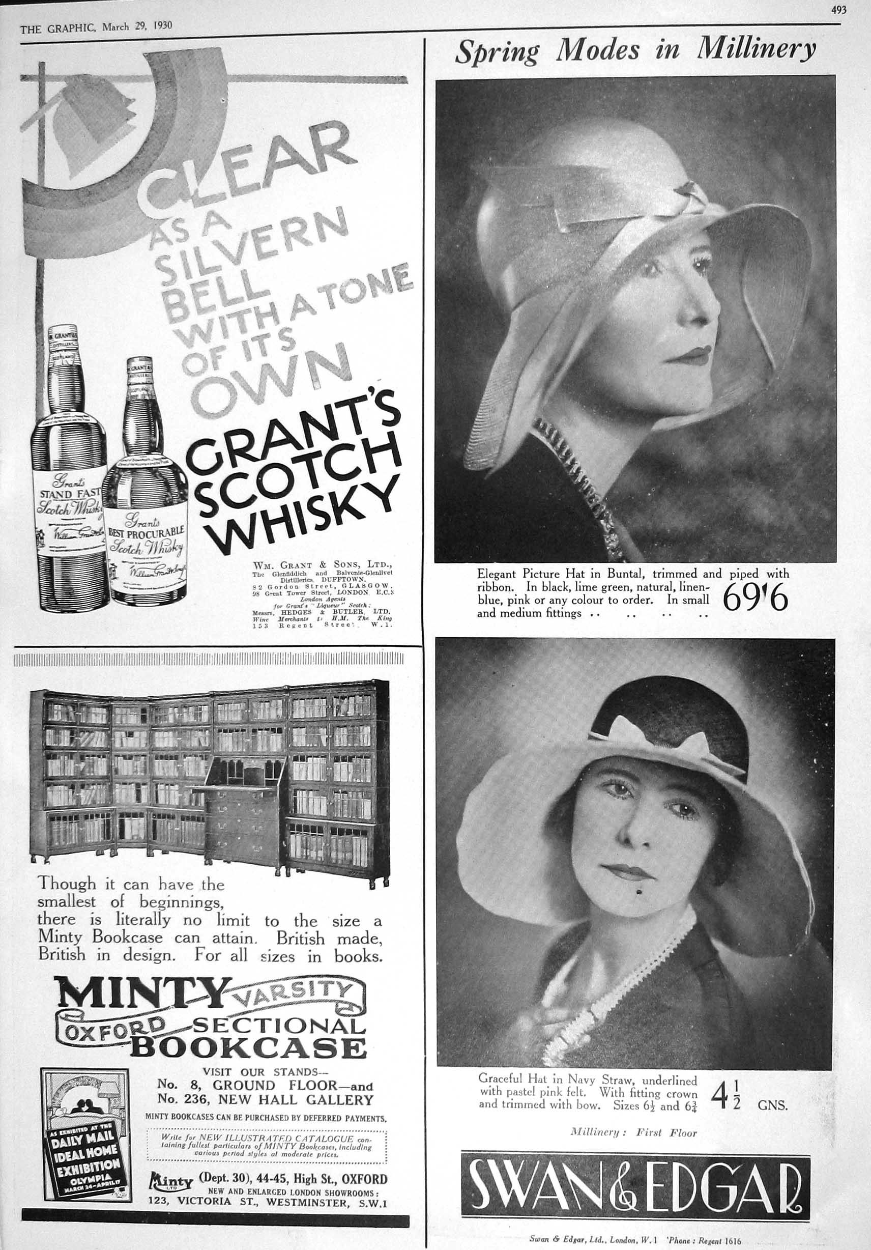 Old Print 1930 Grant'S Scotch Whisky Minty Bookcase Swan Edgar Cigarettes 20th