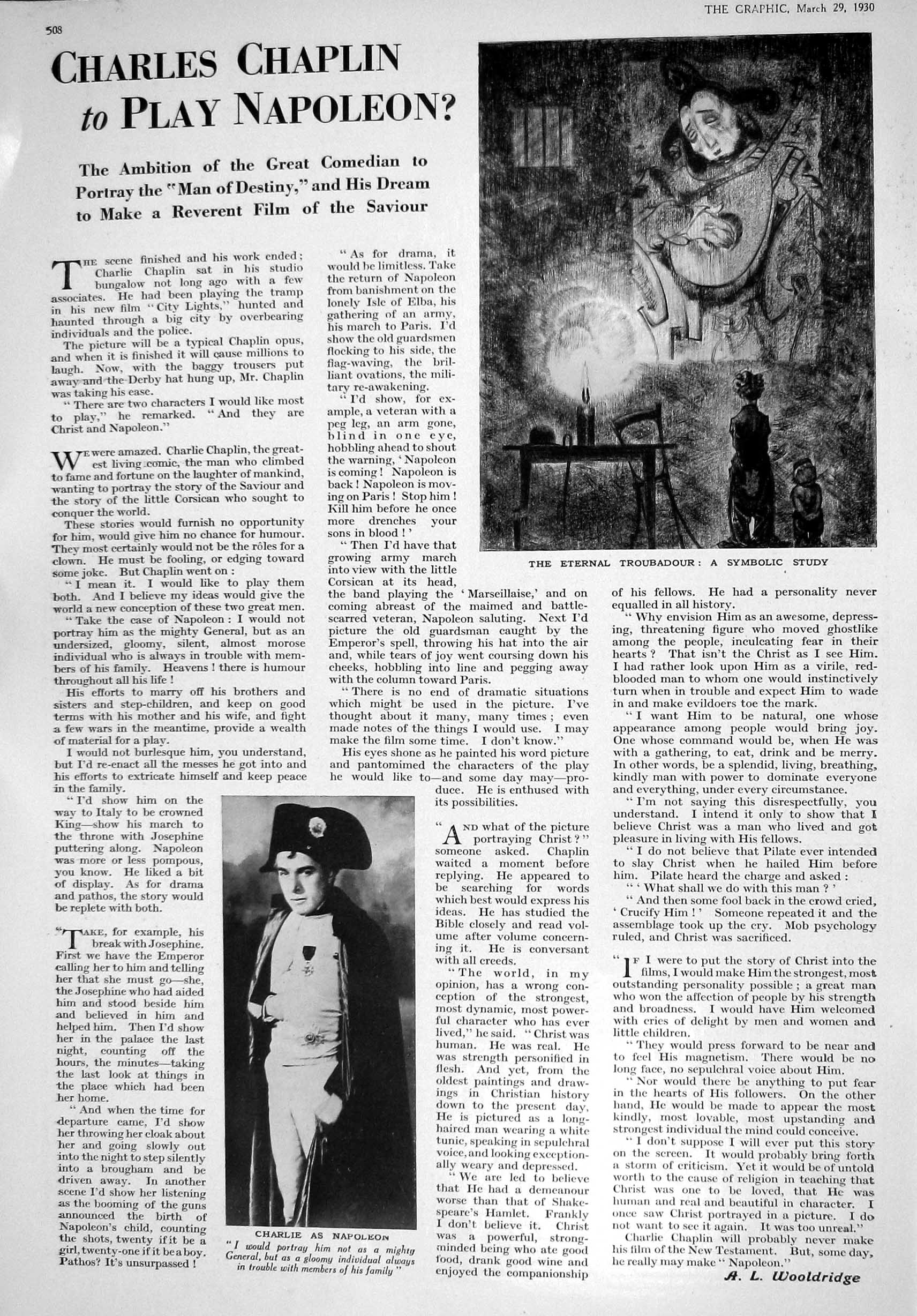 Original Old Vintage Print 1930 Charles Chaplin Napoleon Theatre Reverent Film
