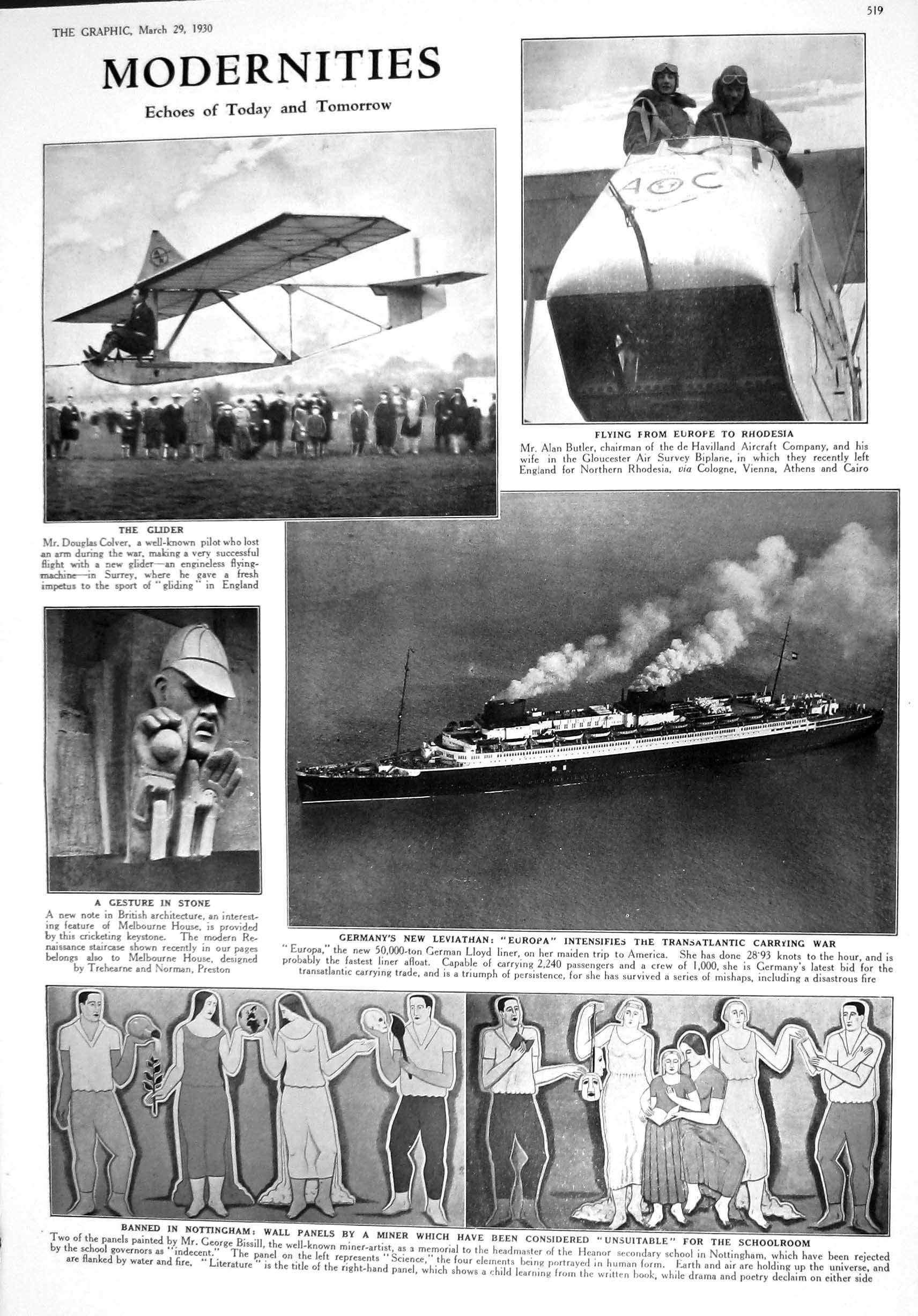 Old 1930 Bissill Panel Ship Europa Colver Glider Butler Havilland Des 20th