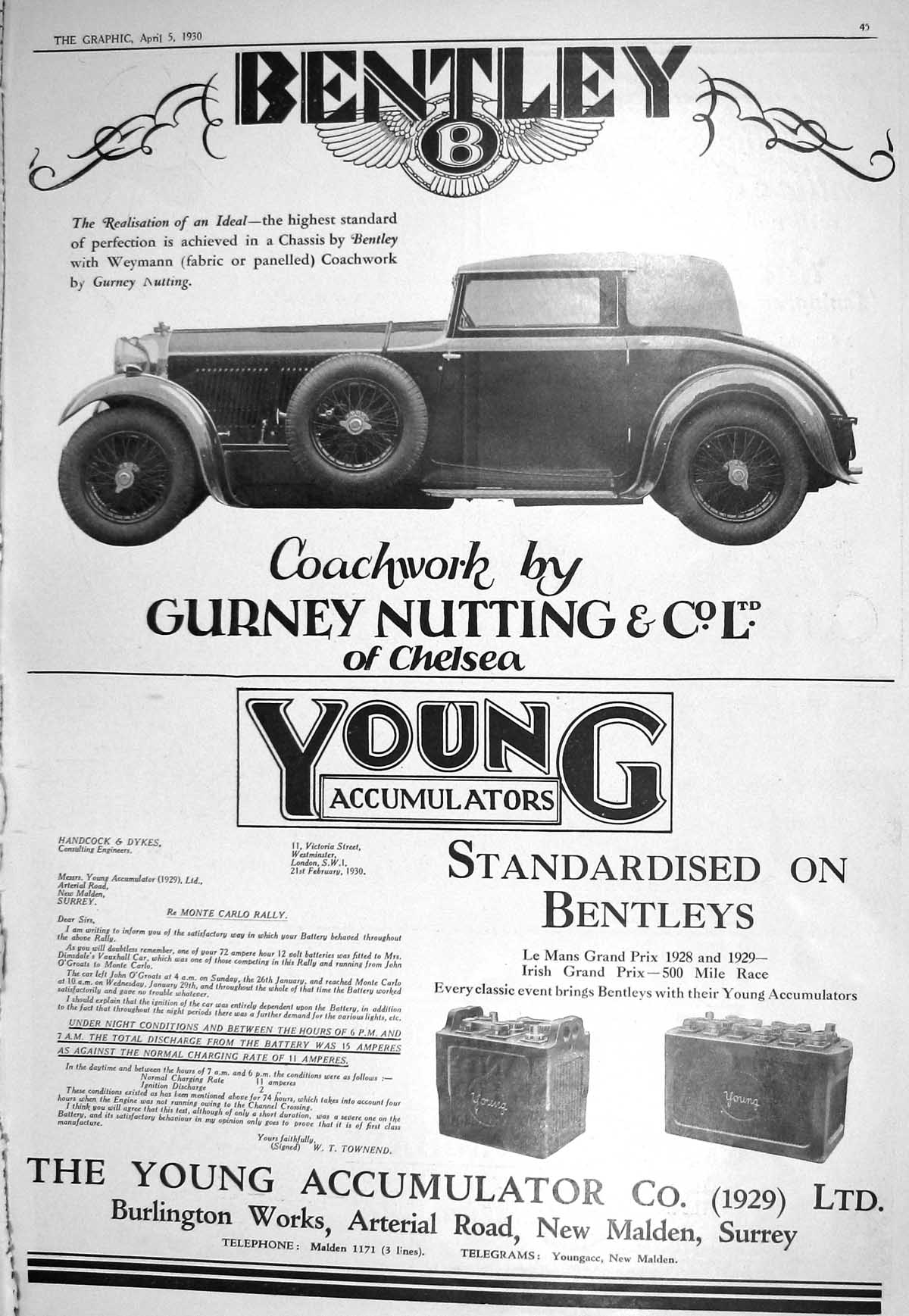 Old 1930 Bentley Motor Car Young Accumulator Cunard Golf Hotel Norman 20th