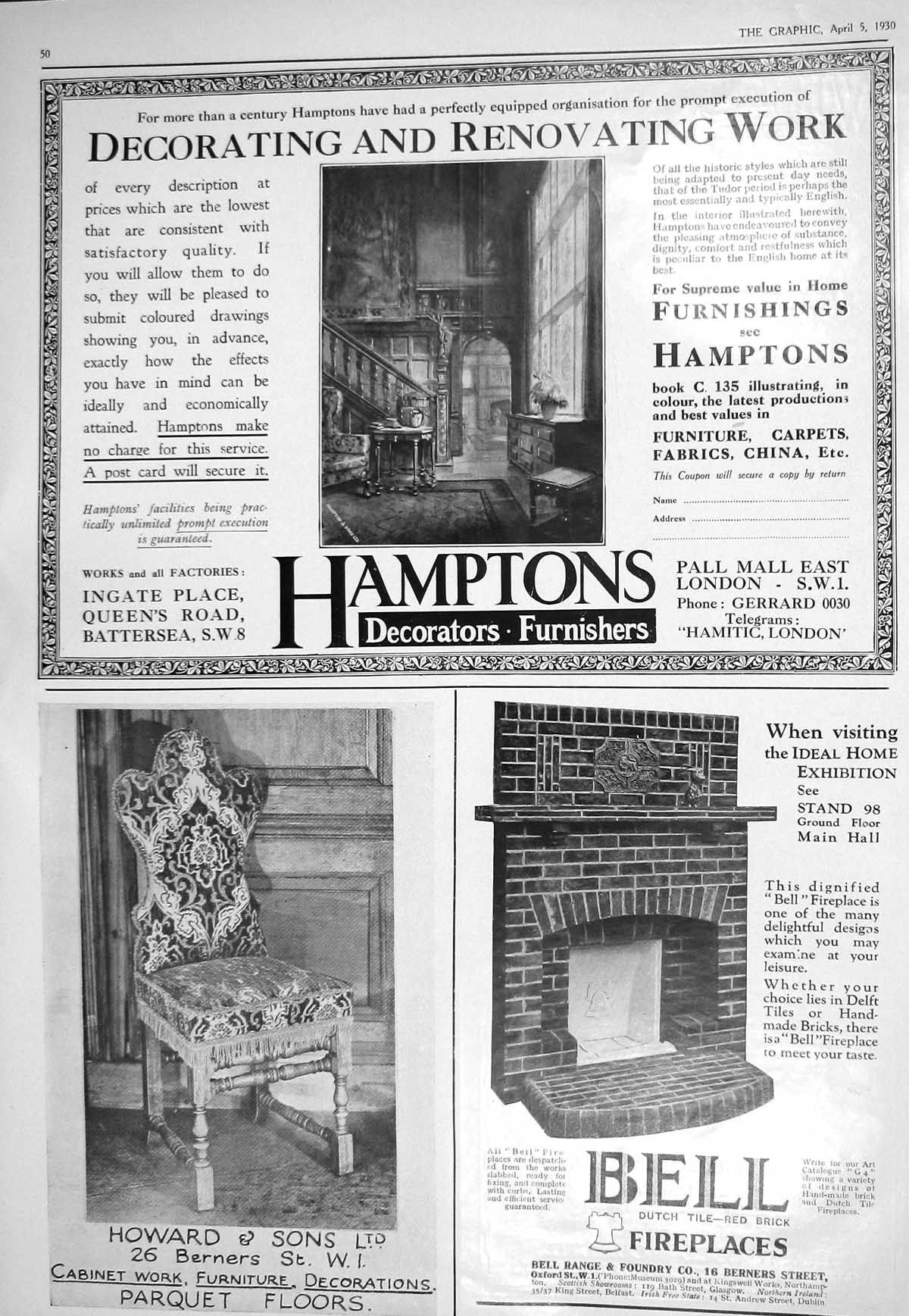 Old 1930 Hamptons Furnishings Bell Fireplace Howard Parquet Gorringes 20th