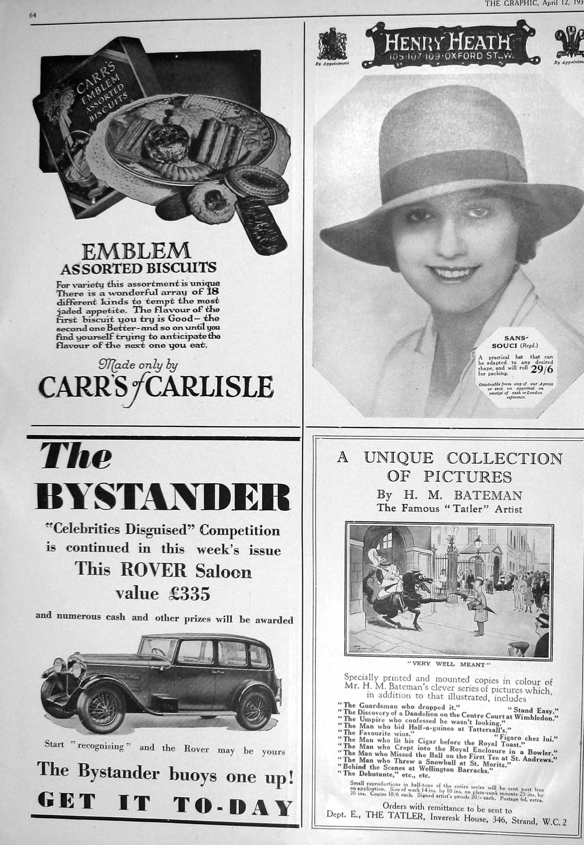 Old 1930 Henry Heath Carrs Biscuits Bystander Tatler Swan Edgar Woodr 20th