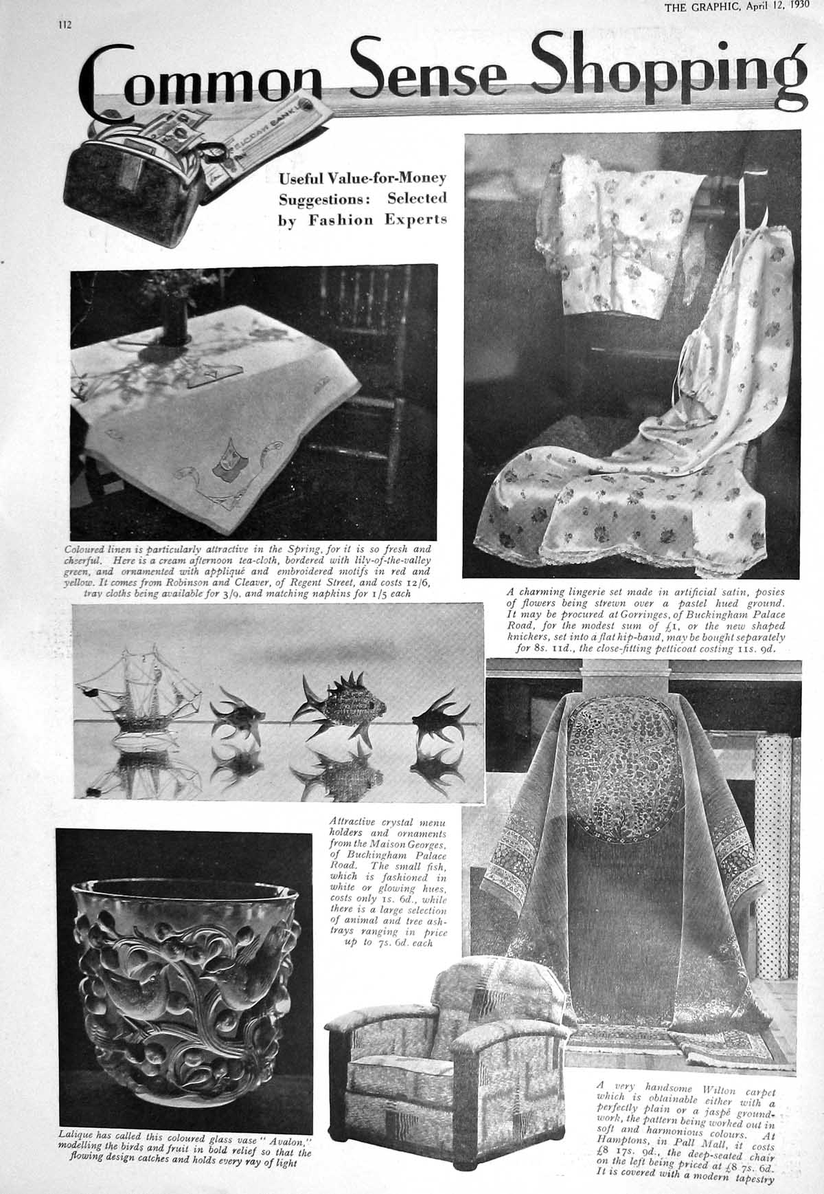 Old 1930 Shopping Linen Lingerie Lalique Fish Wilton Carpet Nursery C 20th