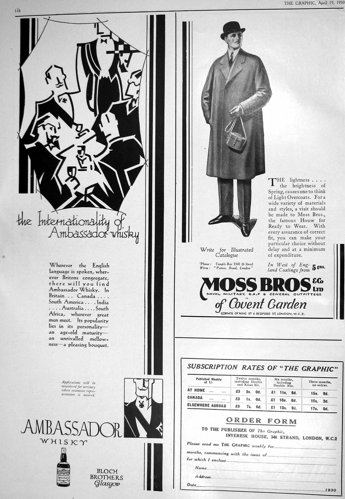 Old 1930 Moss Ambassador Whisky Swan Edgar Robert Heath Tricoline Shi 20th