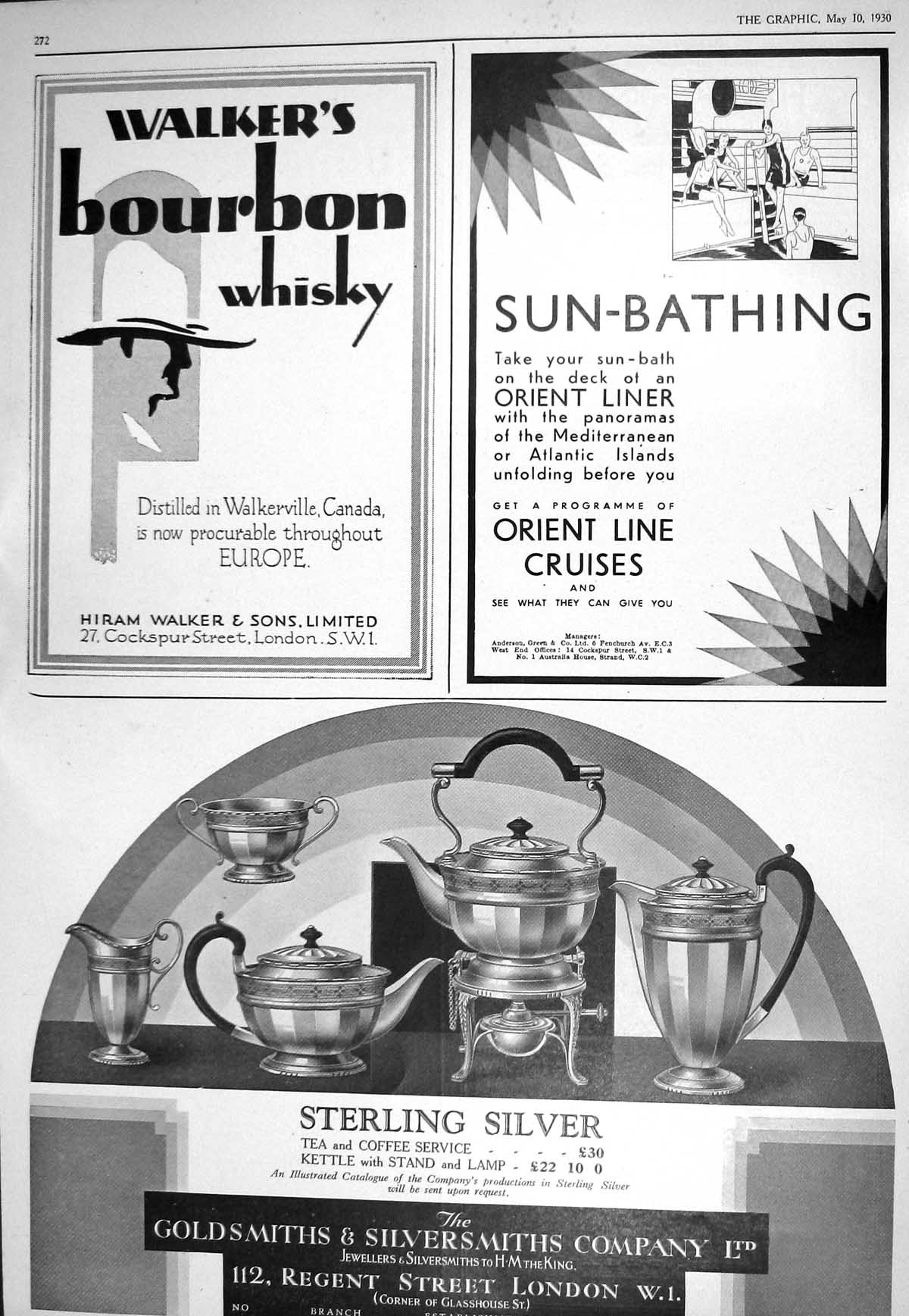 Old 1930 Walkers Bourbon Whisky Silversmiths Orient Line Cruises Burb 20th