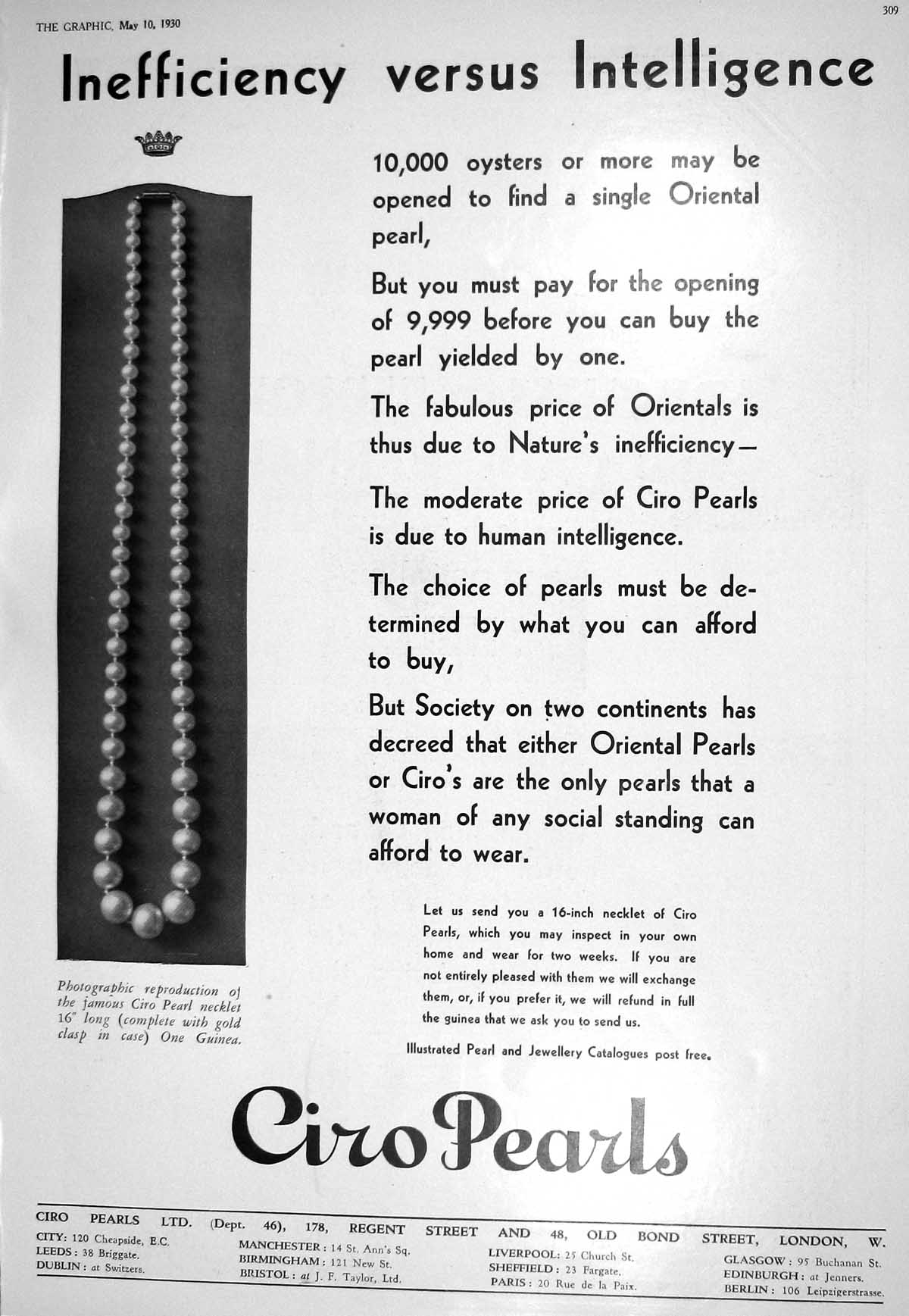 Old 1930 Ciro Pearls Jewellery London Shell Oil Petrol Advertisement 20th