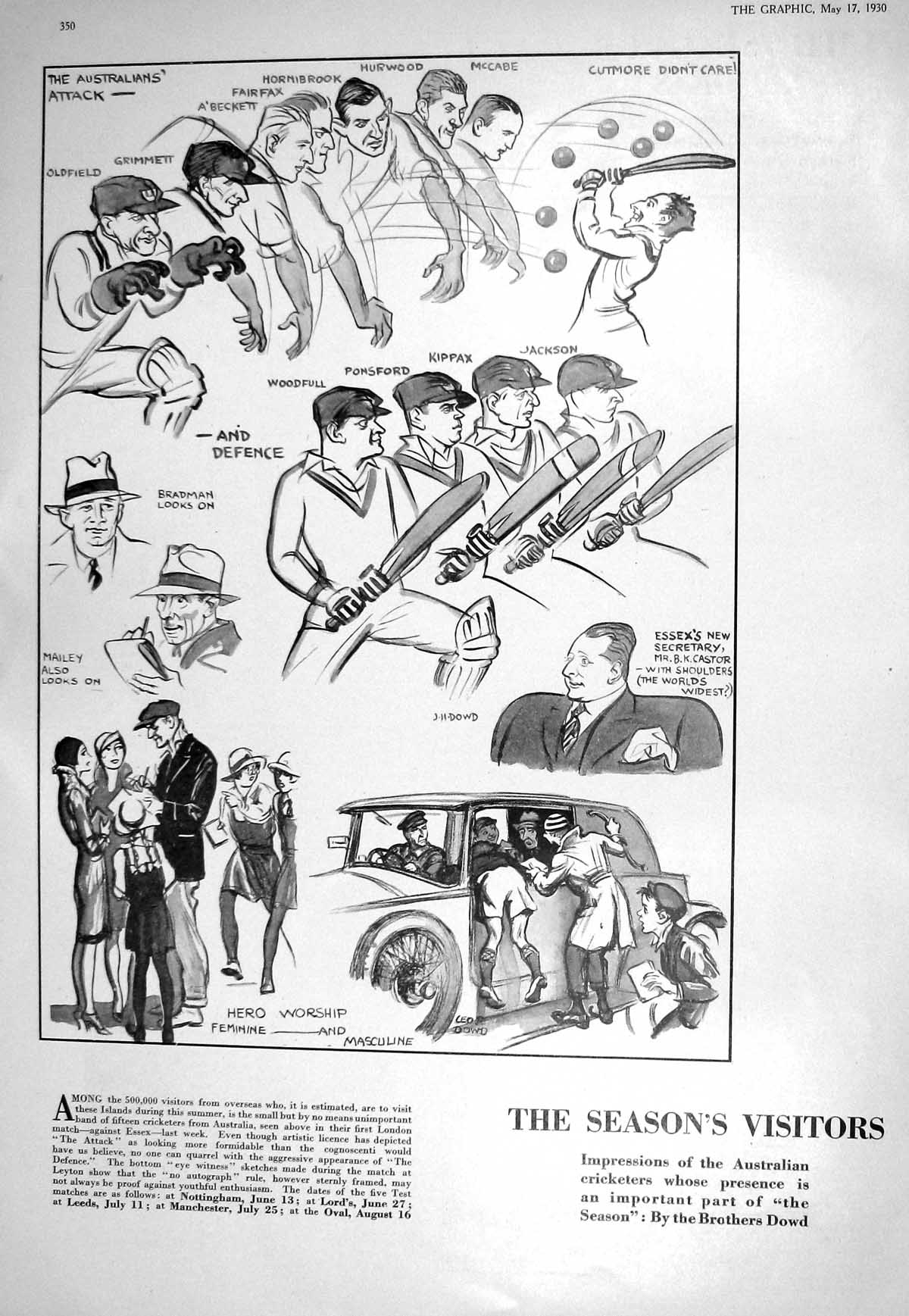 Old Print 1930 Australian Cricket field Grimmett Hurwood Dowd Ophir Ship 20th