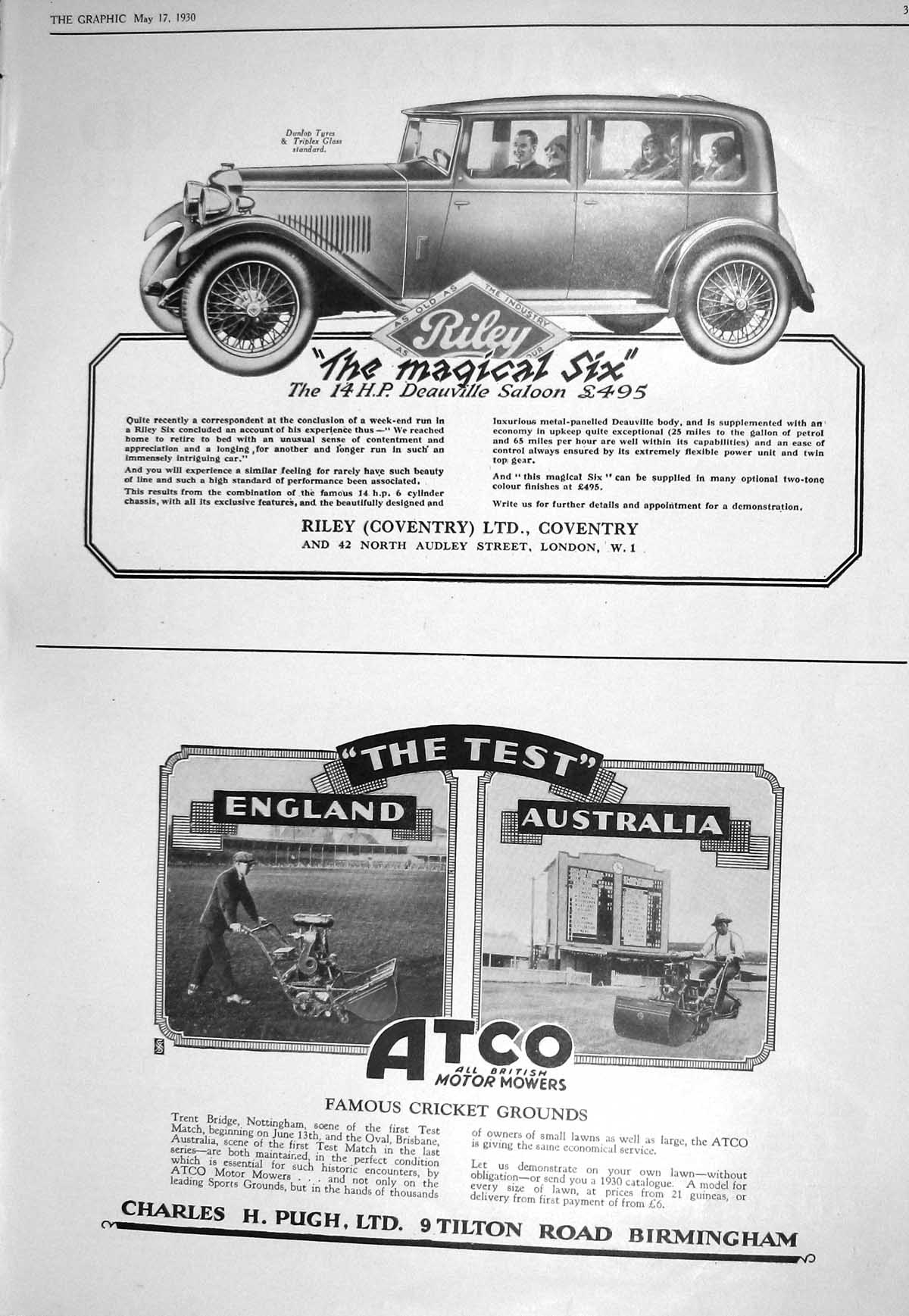 Old 1930 Riley Motor Car Charles Pugh Atco Mowers Cricket Savoy Union 20th
