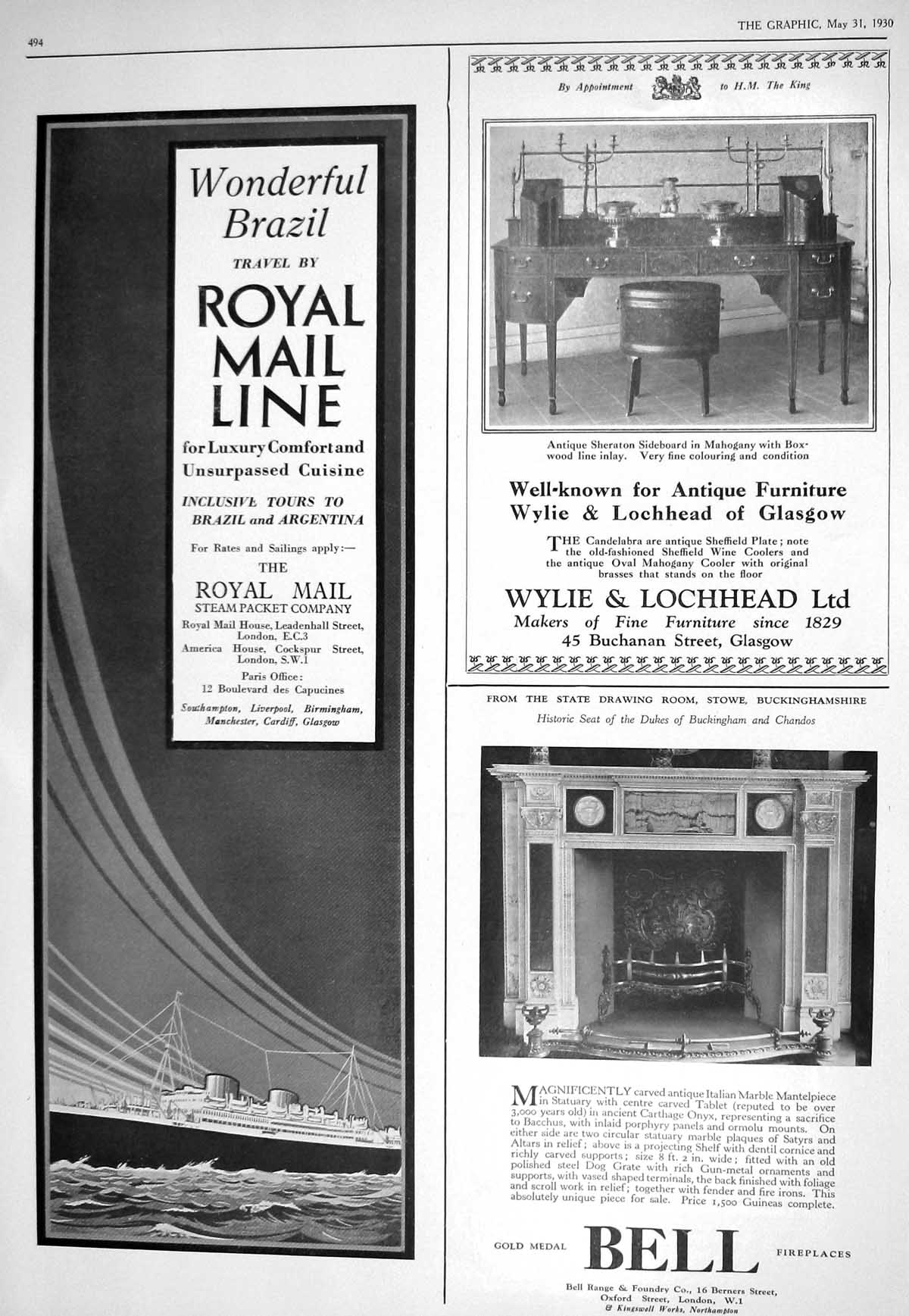 Old 1930 Royal Mail Line Ship Wylie Lochhead Bell Fireplaces Mappin W 20th