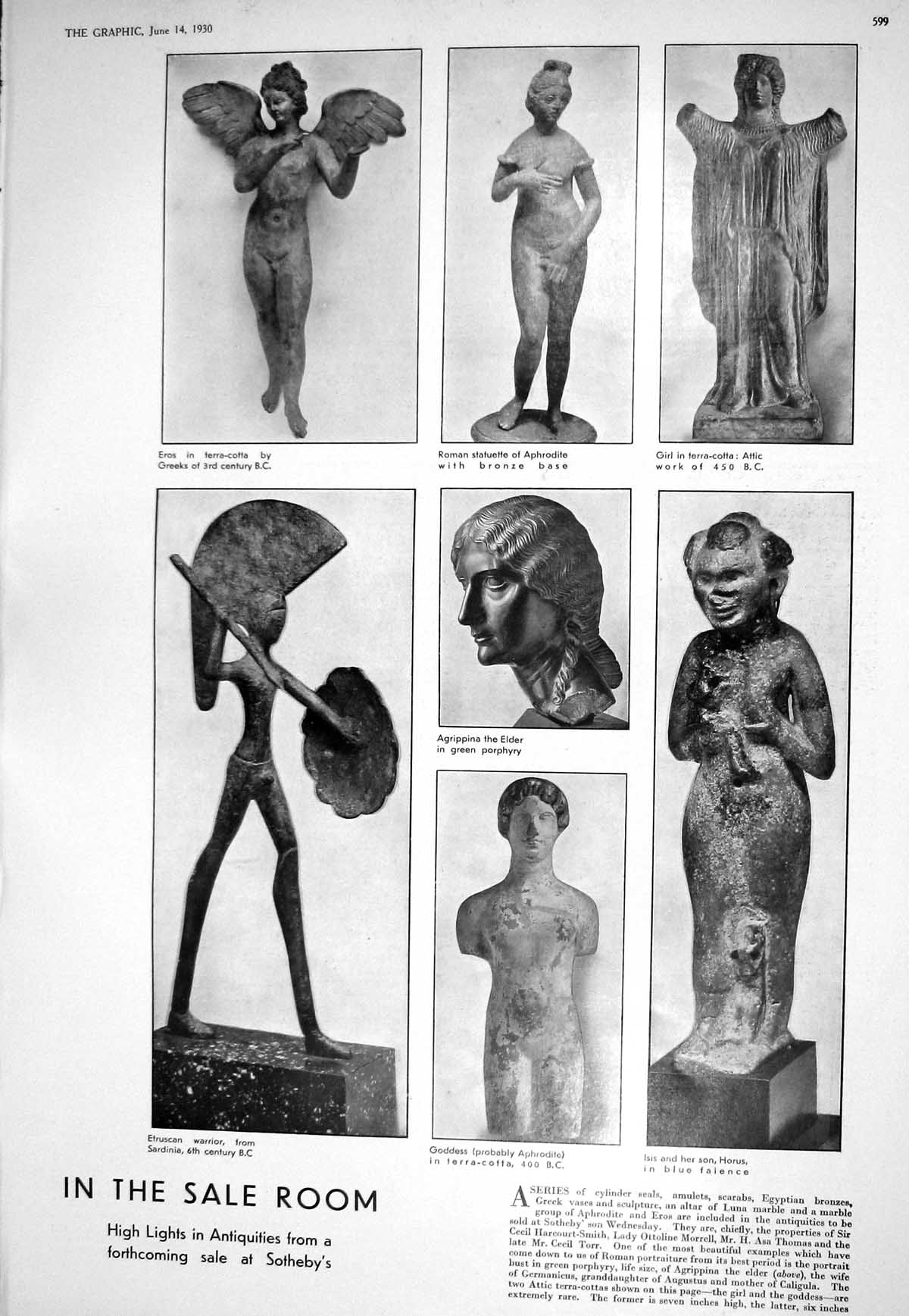 Old 1930 Sotheby'S Etruscan Warrior Eros Aphrodite Agrippina Horus Br 20th