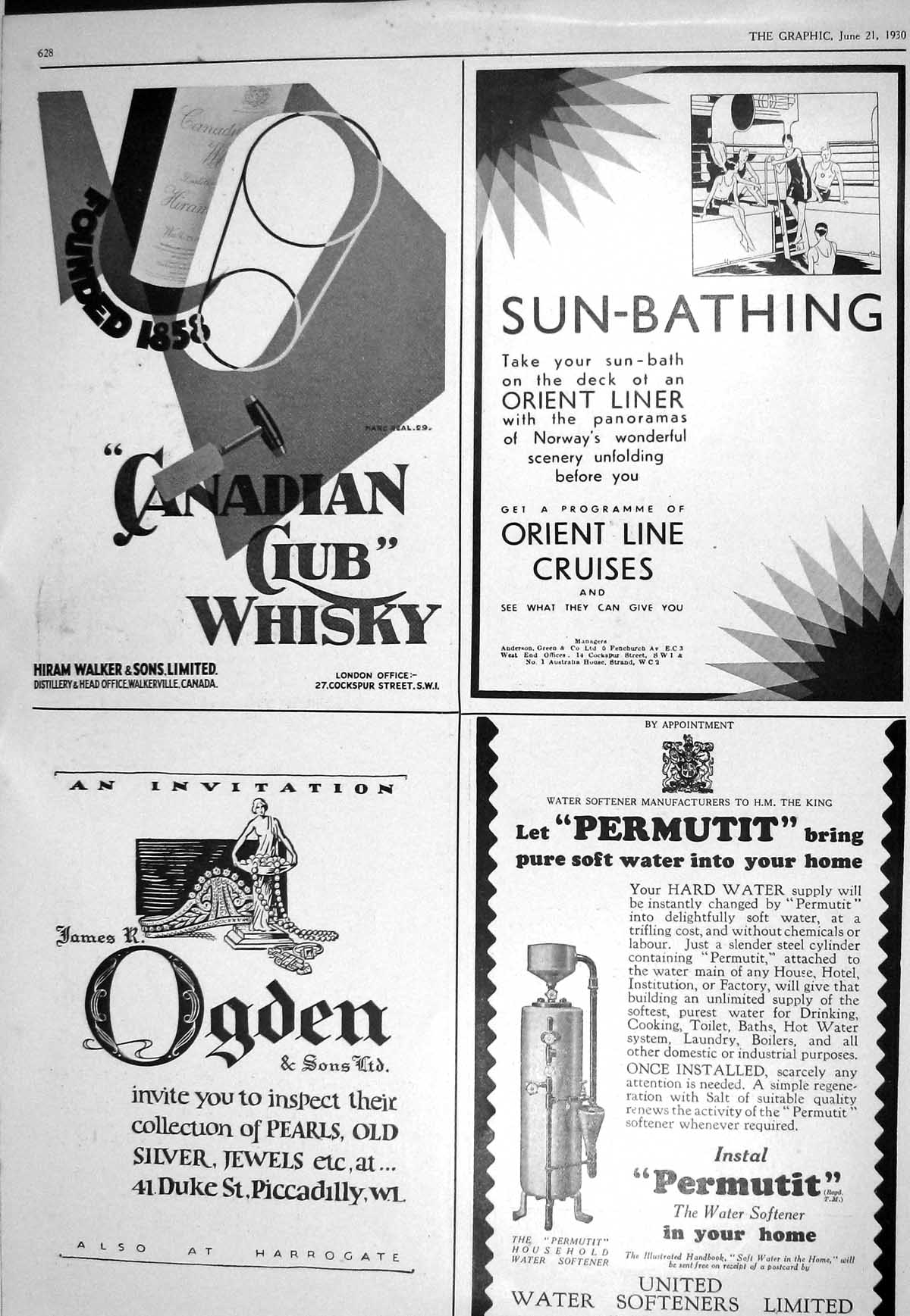 Old 1930 Orient Line Cruises Canadian Club Whisky Ogden Permutit Swan 20th