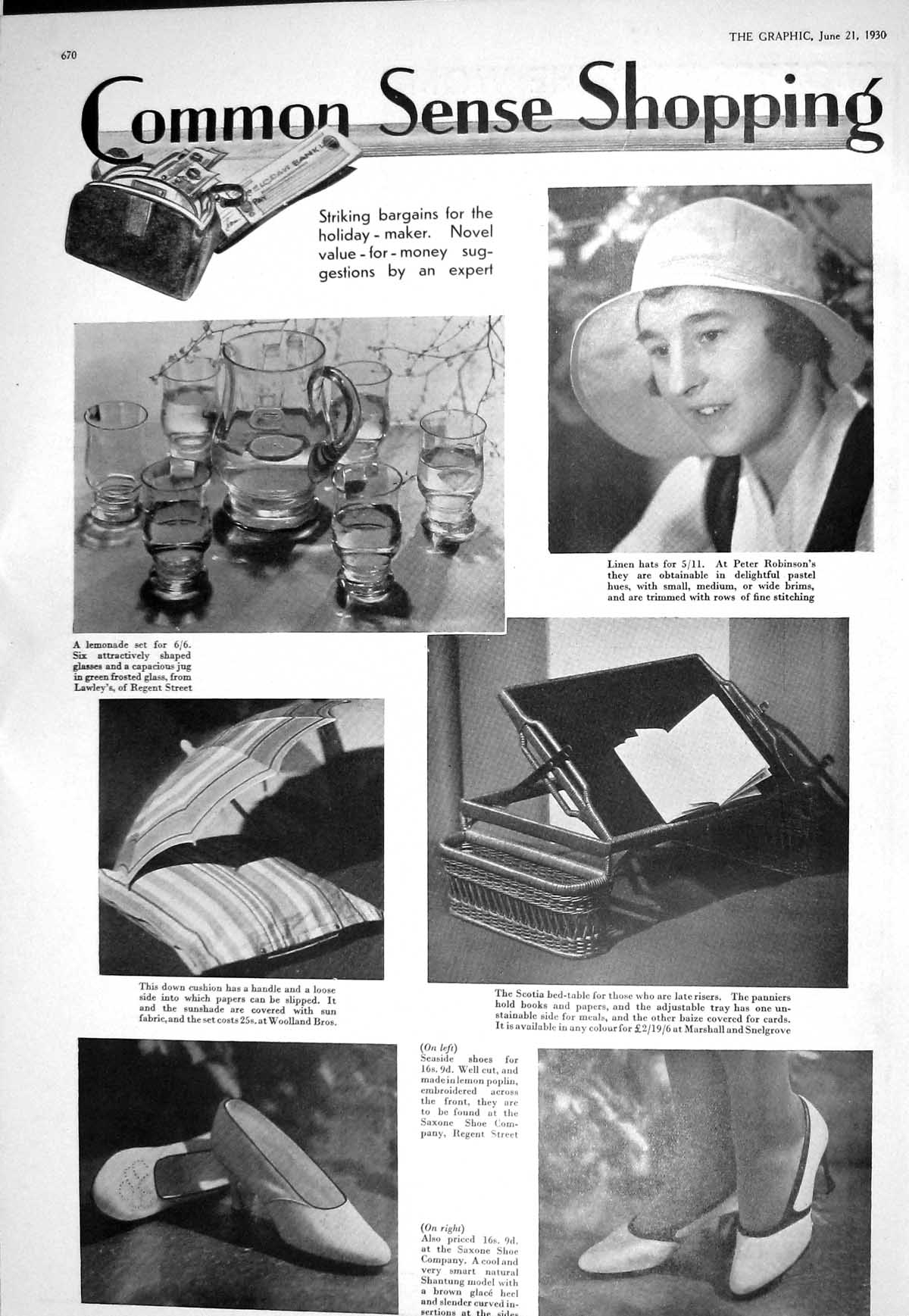 Old 1930 Shopping Linen Hat Robinson Saxone Shoe Cushion Ladies Fashi 20th