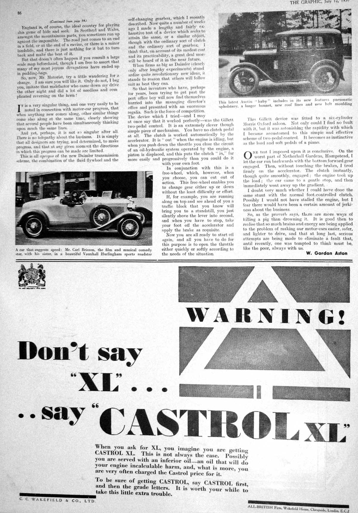 Antique Print 1930 Austin Motor Car Carl Brisson Vauxhall Castrol Wakefield