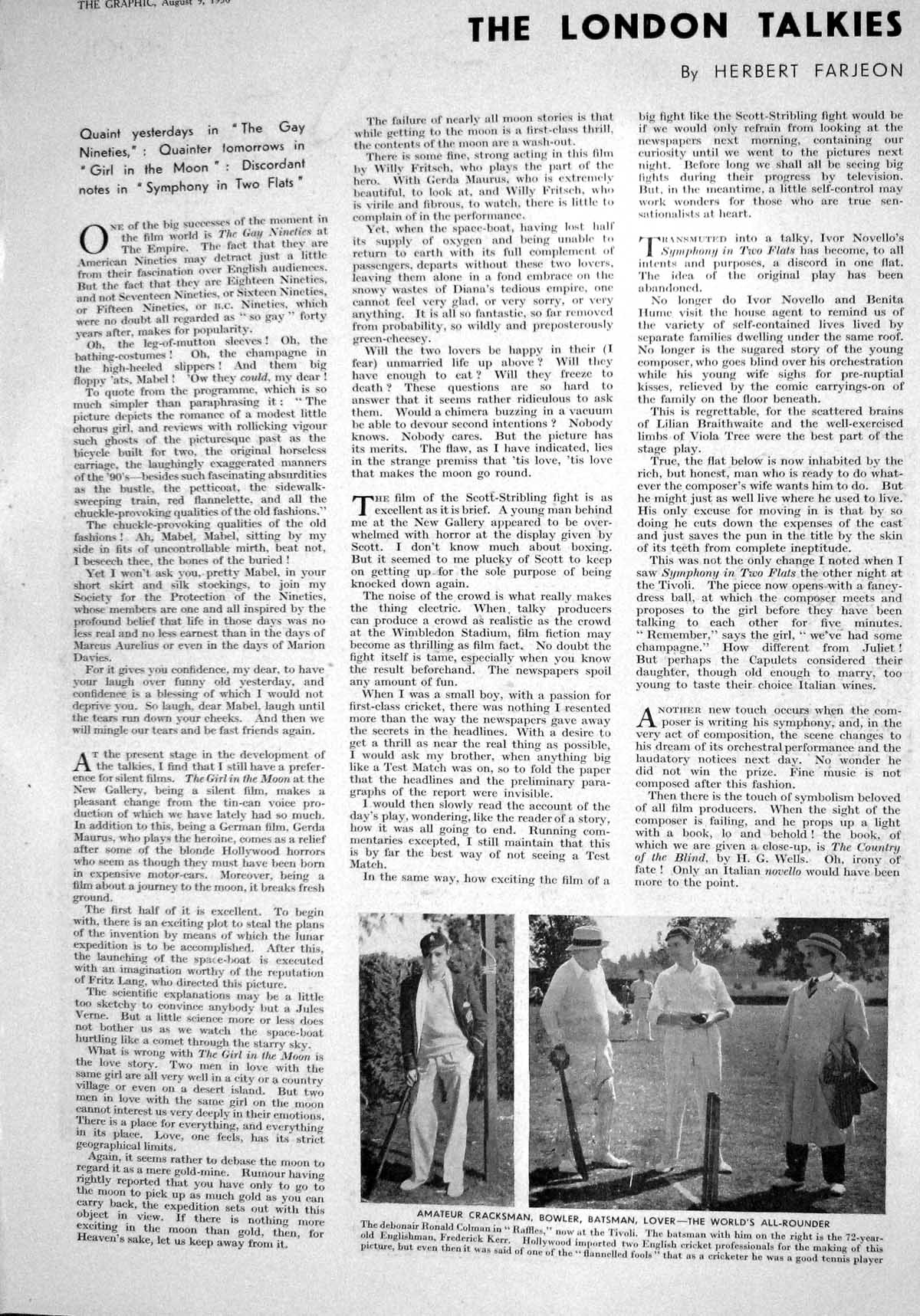 Old Print 1930 Bowler Batsman Ronald Colman Raffles Tivoli Frederick Kerr 20th