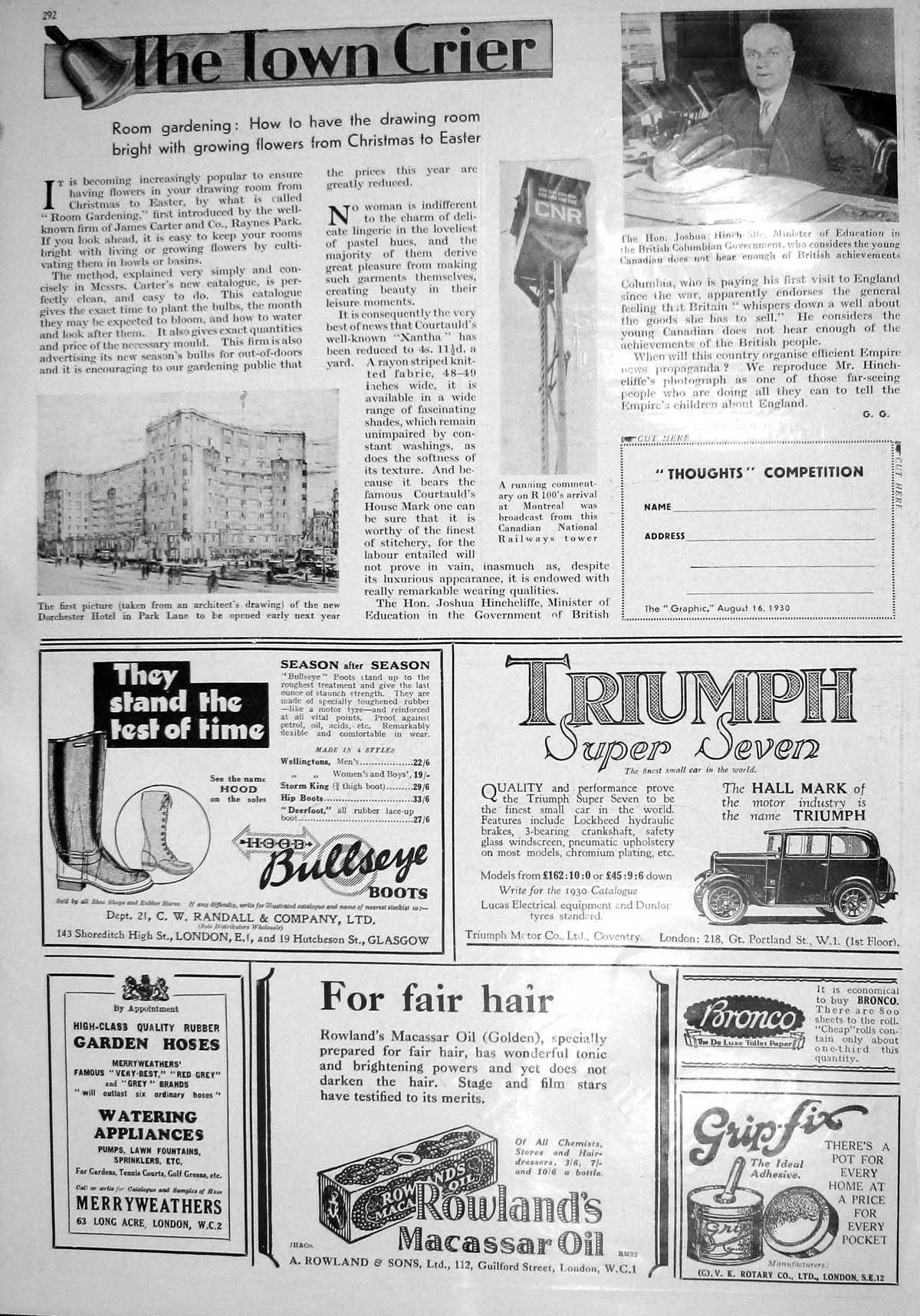 Antique Print 1930 Joshua Hinchcliffe Dorchester Hotel B.P. Allen Hanburys 20th