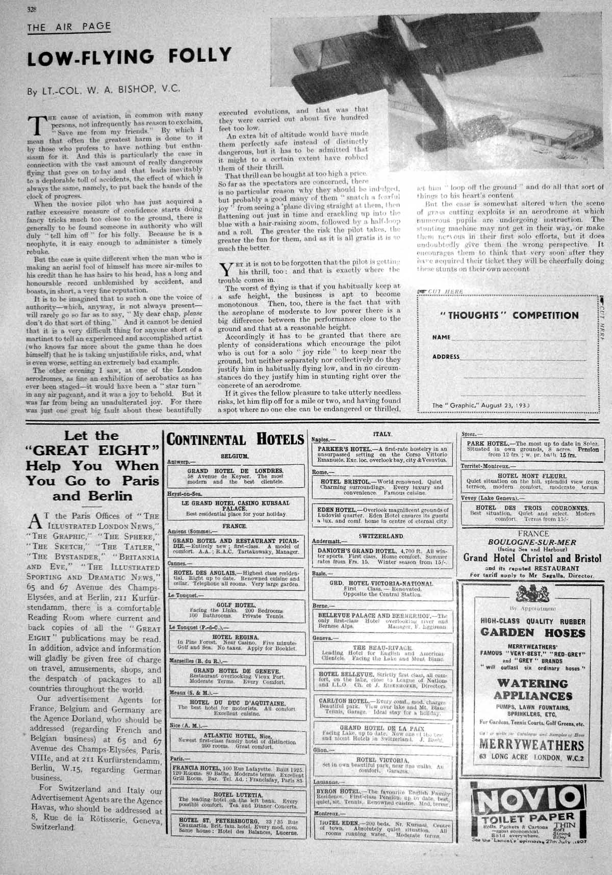 Antique Old Print 1930 Aeroplane Continental Hotels Merryweathers Novio Paper