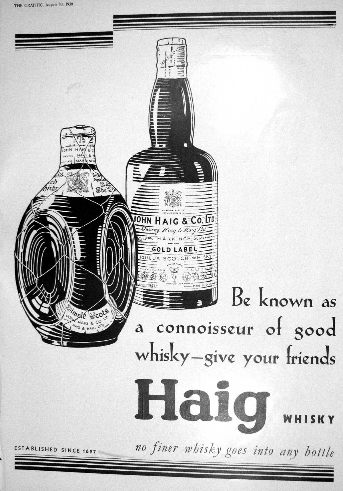 Antique Old Print 1930 John Haig Scotch Whisky B.P. Drake Gorham Grosvenor 20th