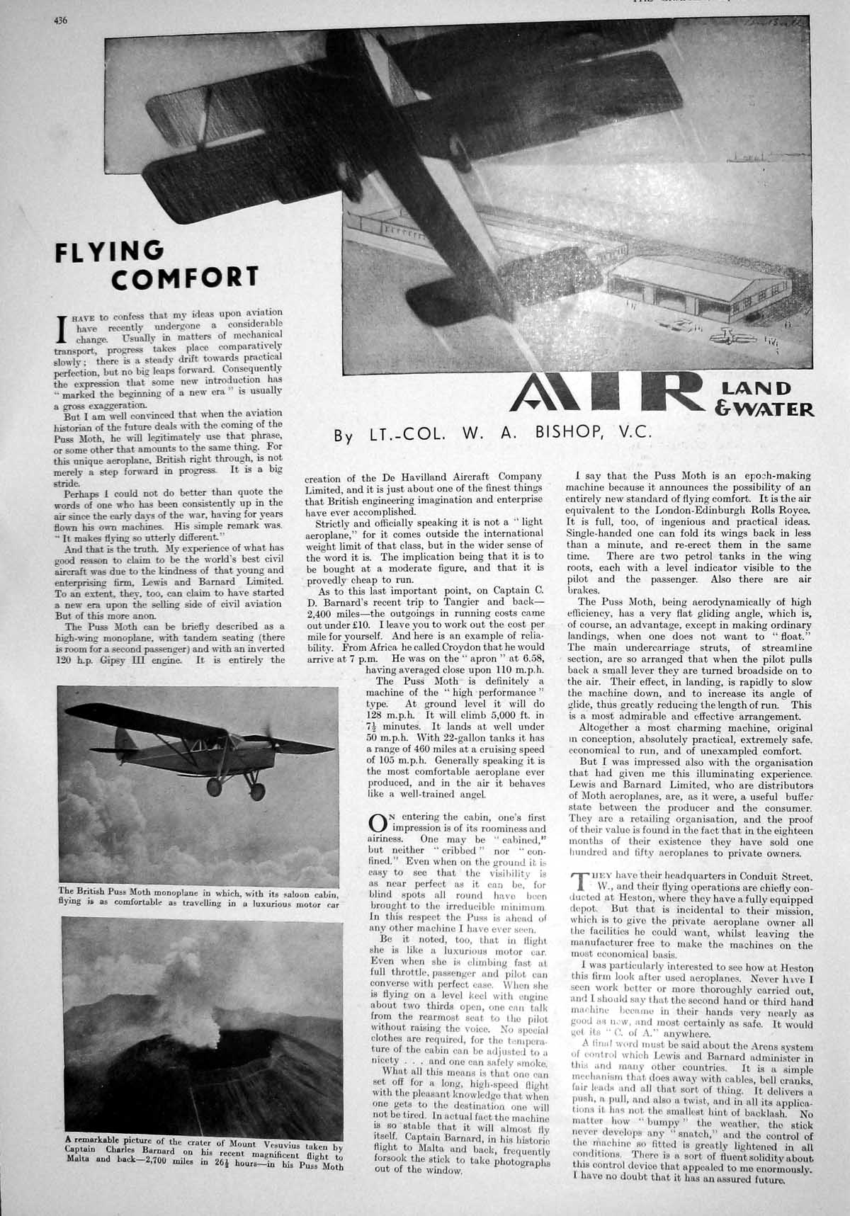 Old 1930 Aeroplane British Puss Moth Monoplane Mount Vesuvius Paris F 20th