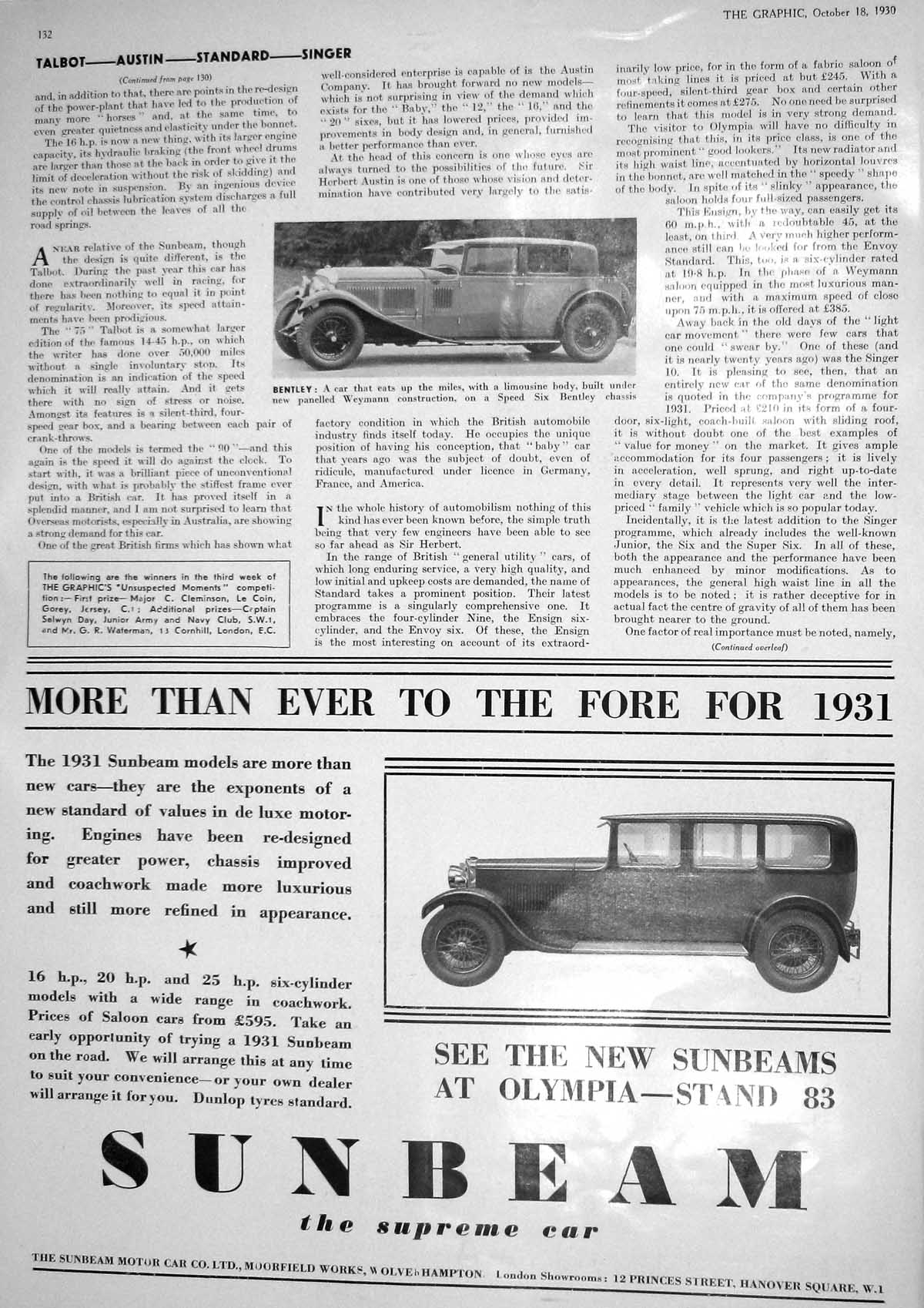 Old Print 1930 Bentley Motor Car Sunbeam Standard Motor Company Coventry 20th