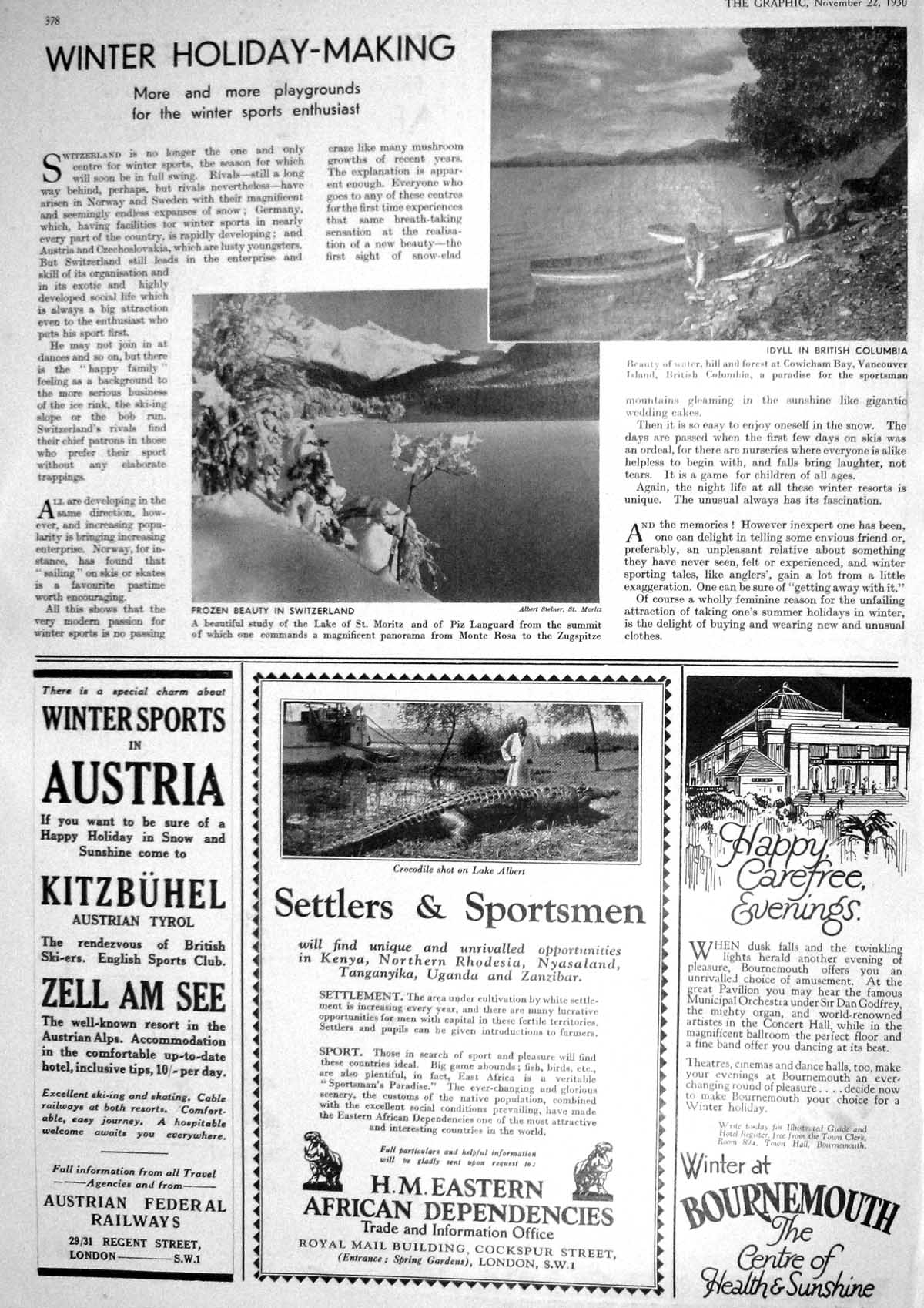 Old 1930 Winter Holidays Switzerland Lake St. Moritz Austria Bournemo 20th