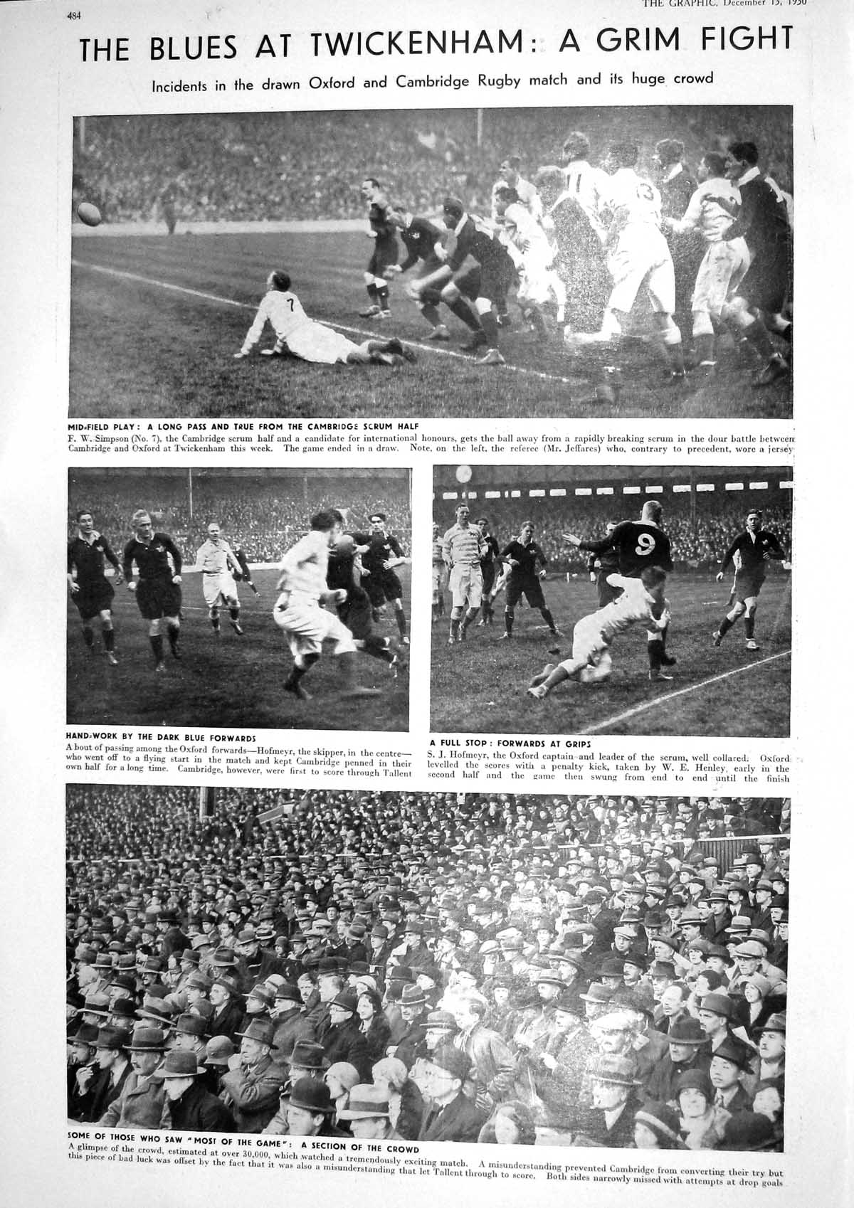 Old 1930 Rugby Oxford Cambridge Simpson Hofmeyr Twickenham Wakefield 20th