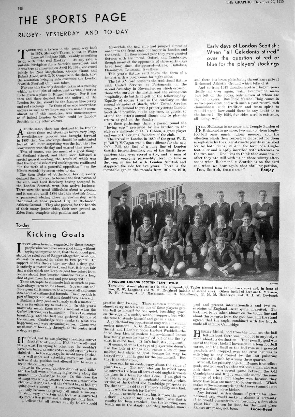 Old 1930 London Scottish Rugby Taylor Langrish Roughead Simson Mackin 20th